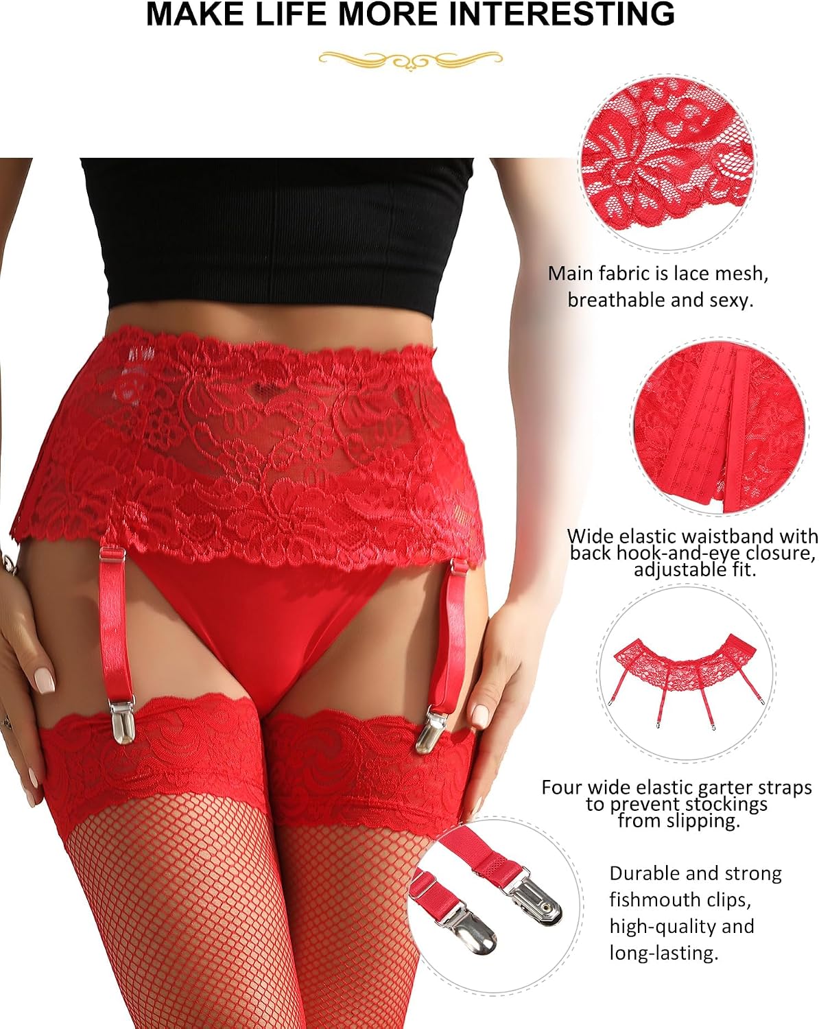 ohyeah Garter Belt for Women XS-4XL Plus Size Lace Garter Belt with 4 Adjustable Straps for Thigh-High Stockings
