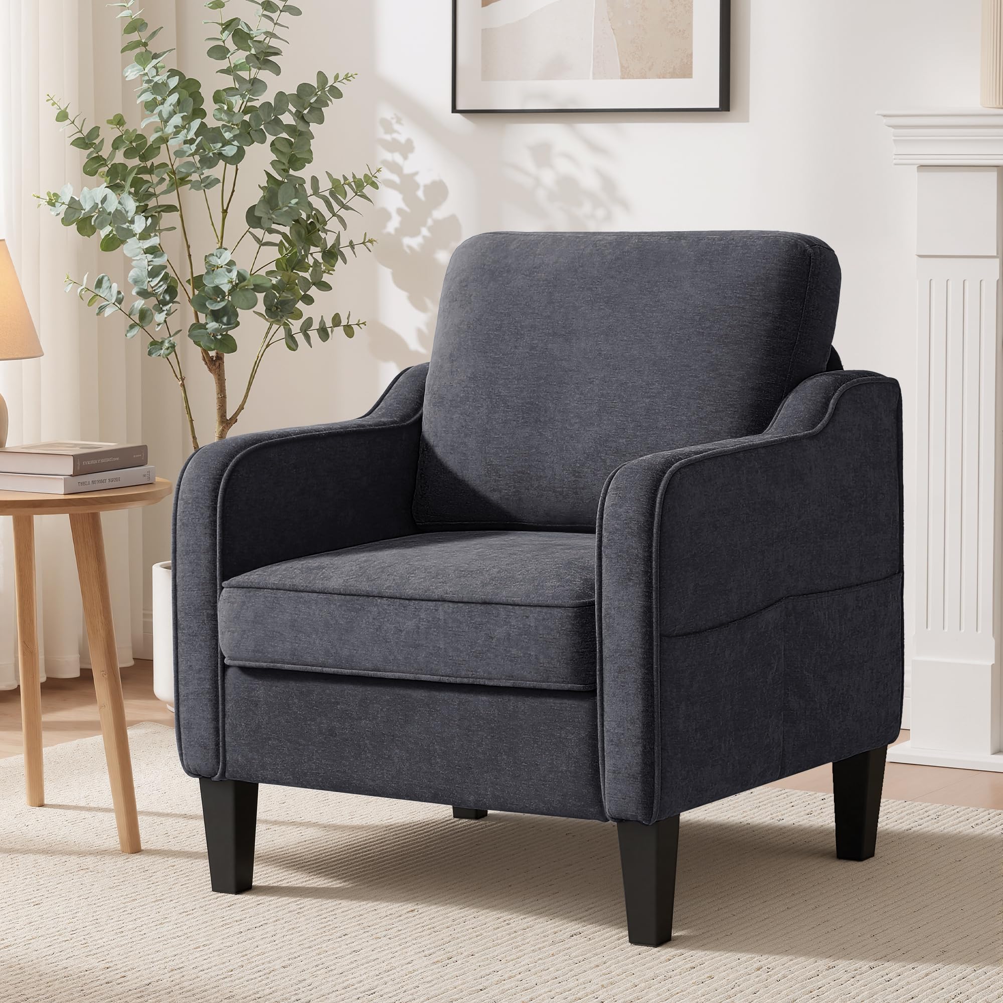 Chenille Accent Chair with Side Pockets, Comfy Armchair for Living Room