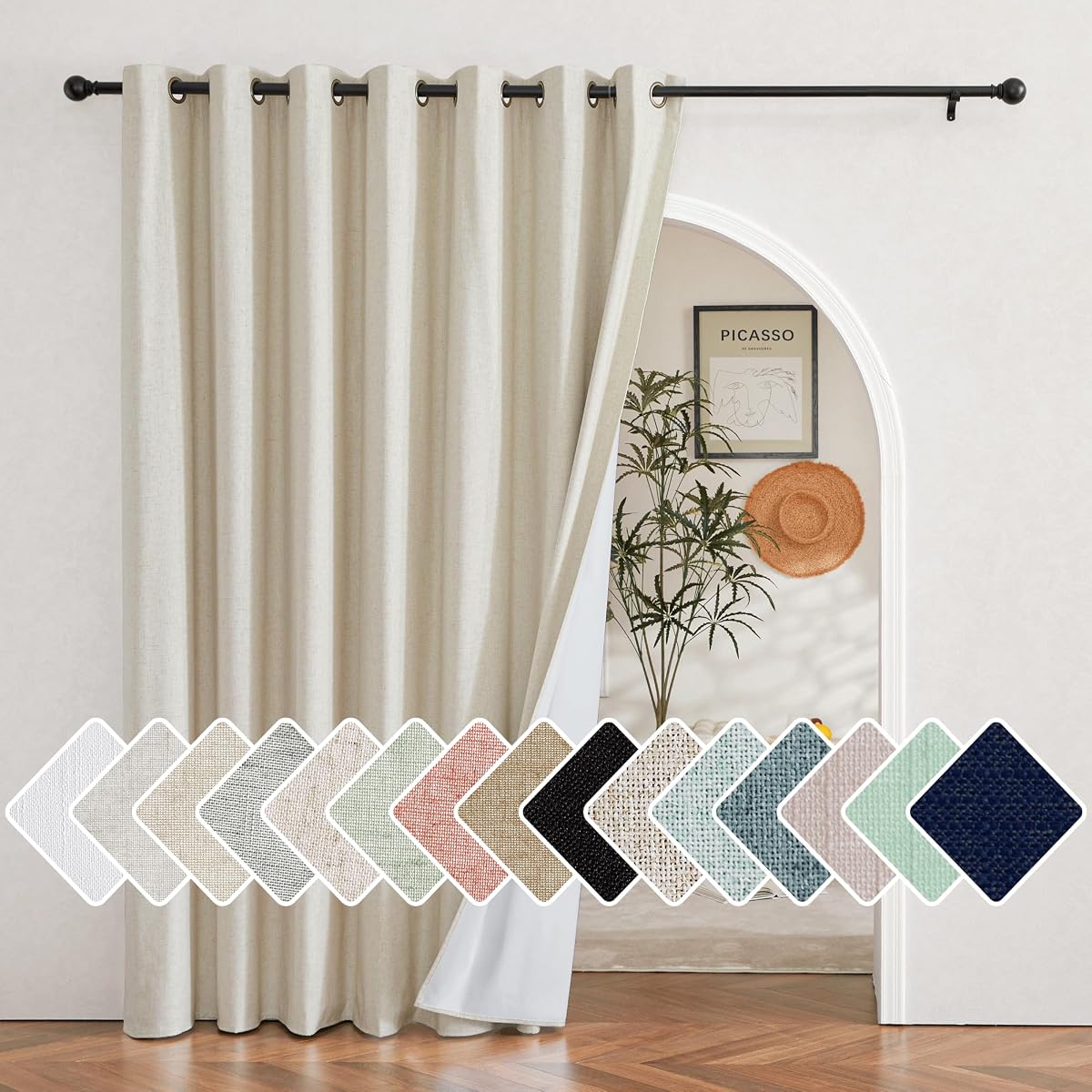 100% Blackout Curtain for Sliding Glass Door 100"x84" | Sliding Door Curtain with Linen Look, Completely Black Out Thermal Insulated Drape for Patio, Living Room, Natural, 1 Panel