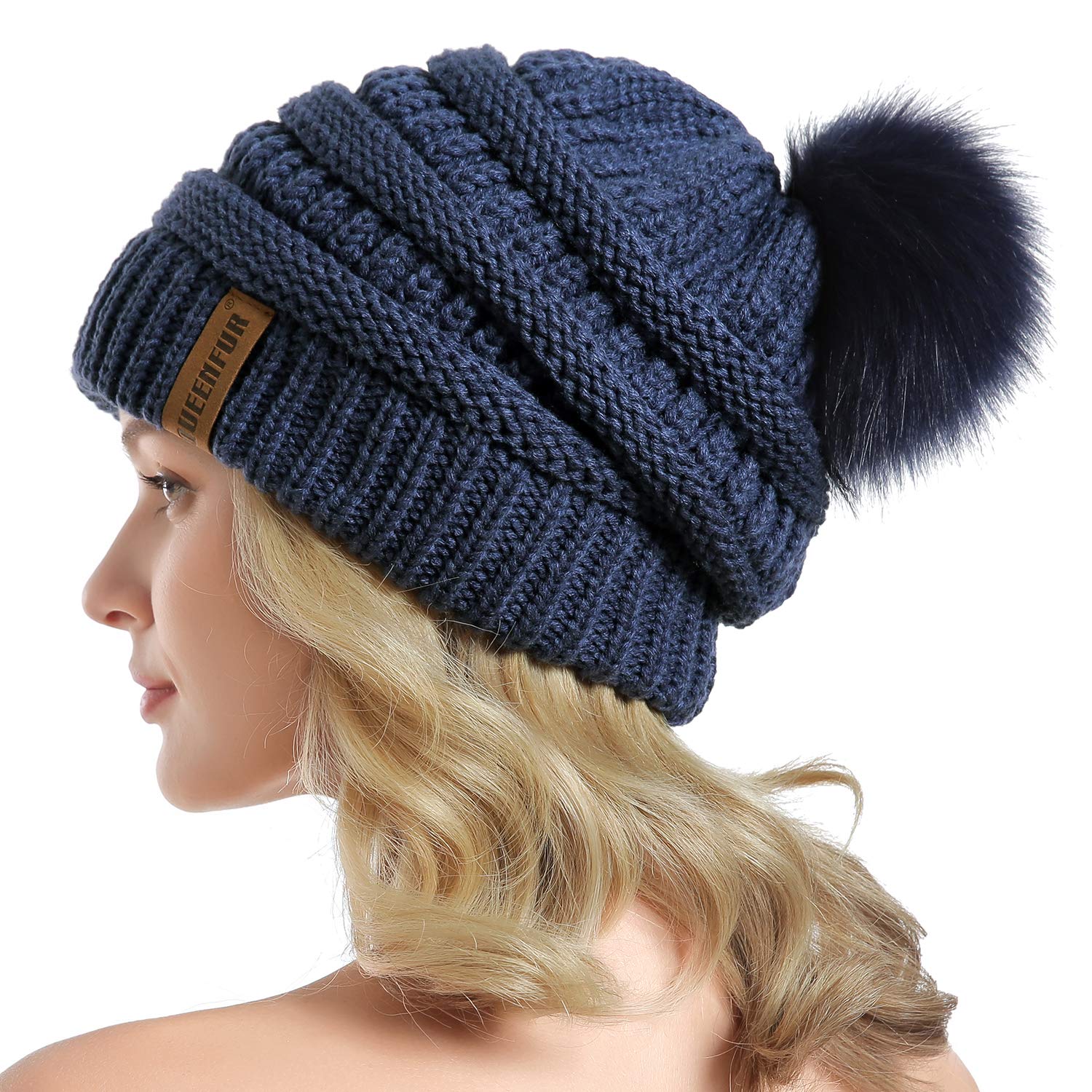 Queenfur Knit Slouchy Beanie for Women Thick Baggy Hat Faux Fur Pompom Winter Hat