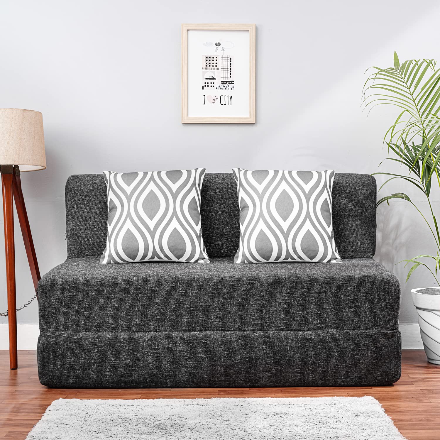 convertible fabric single sofa cum bed 4x6 ft | foldable double foam & washable cover multi-silver pattern cushions | modern design use living room & guest room furniture