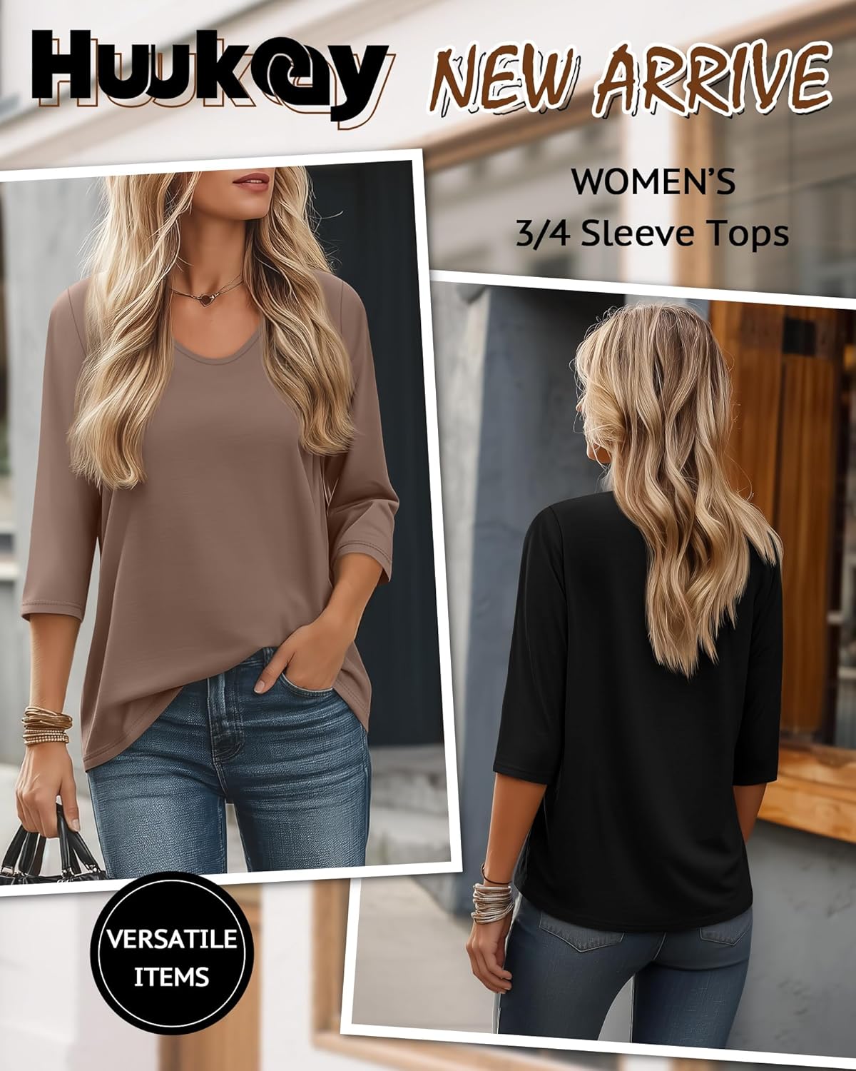 Huukeay 3 Pack Women's 3/4 Sleeve T-Shirts, V Neck Casual Tops Loose Fit Tunic Basic Tees 3/4 Length Sleeve Soft Blouses - Image 4