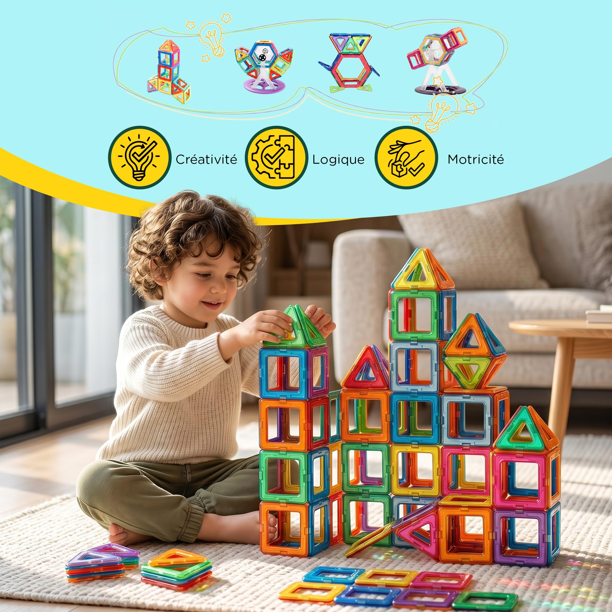 Jeu de Construction Magnétique Enfant 94 Pièces Tuiles Aimantées 3 Ans | 94 pieces, blocs et tuiles magnétiques, jouet éducatif STEM, inspiré Montessori, cadeau garçon fille, idéal voyage
