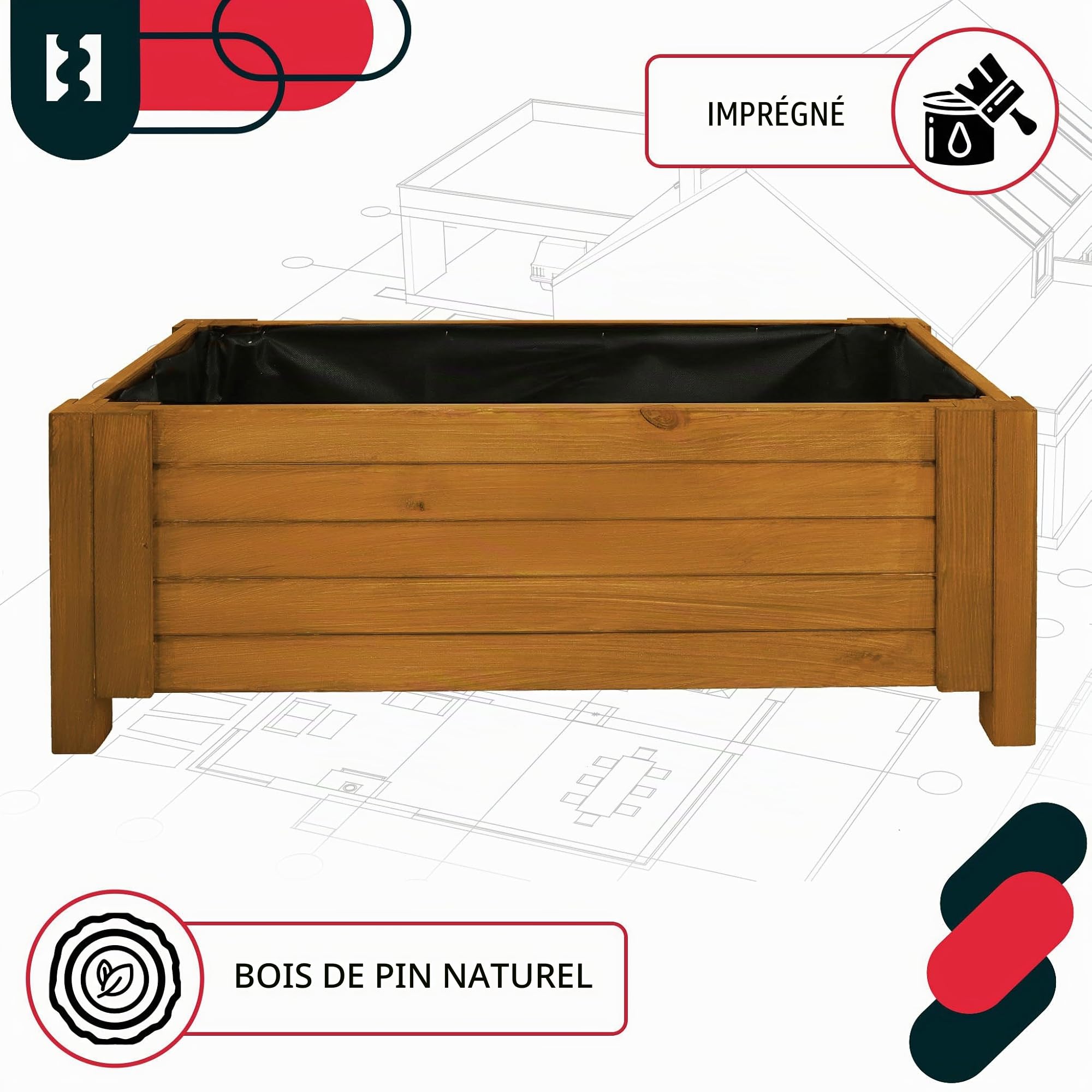 KOTARBAU® Jardinière Extérieur - Bois de Pin Imprégné - 79 x 39 x 30 cm - Chêne - Jardiniere sur Pieds - Bac à Fleurs Rectangulaire - Grande Capacité - avec Toile Anti-Mauvaises Herbes