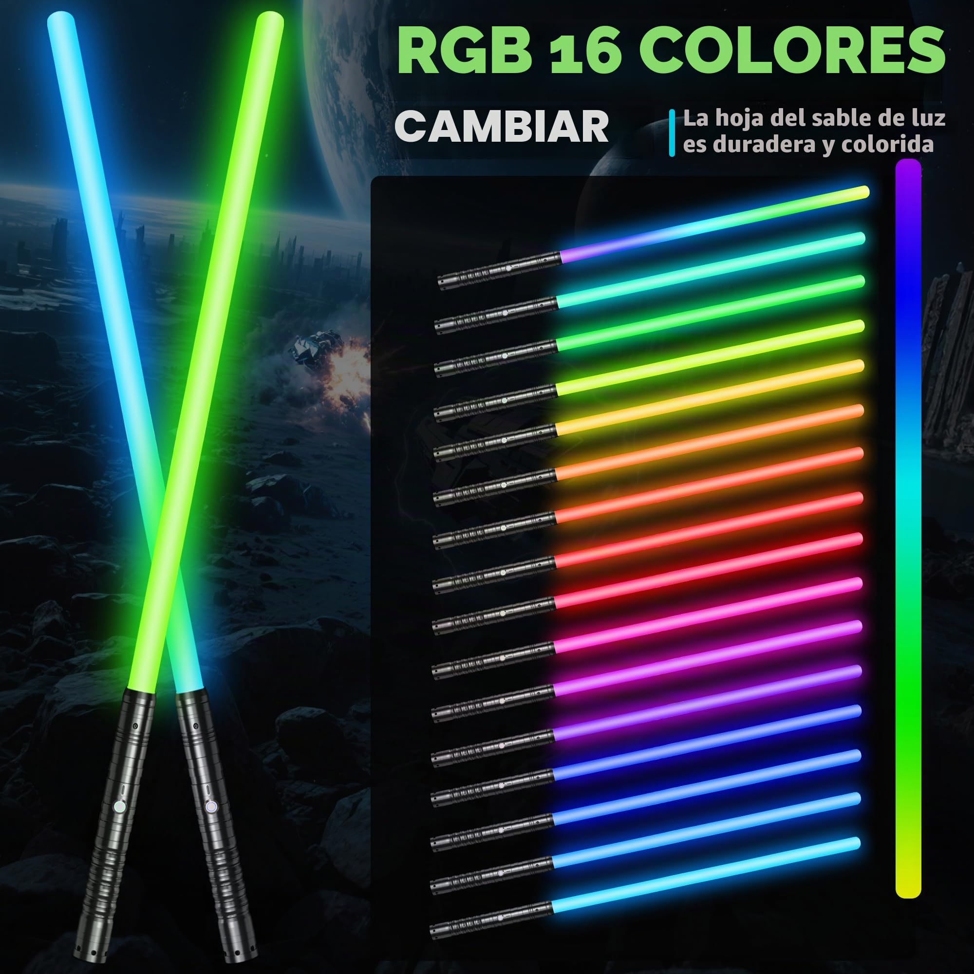 Sable Láser-2 Piezas para Niños, Sable de Luz RGB con 15 Colores, Recargable USB-C,4 Modos de Duelo, Sables Conectables de Metal - Juguete de Cosplay para Películas, Hallowee (2PC Negro 78cm)