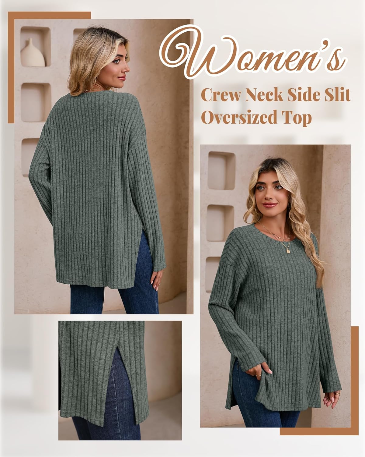 Oversized Sweaters for Women Lightweight Long Sleeve Crew Neck Ribbed Side Slit Loose Fall Top Pullover - Image 2