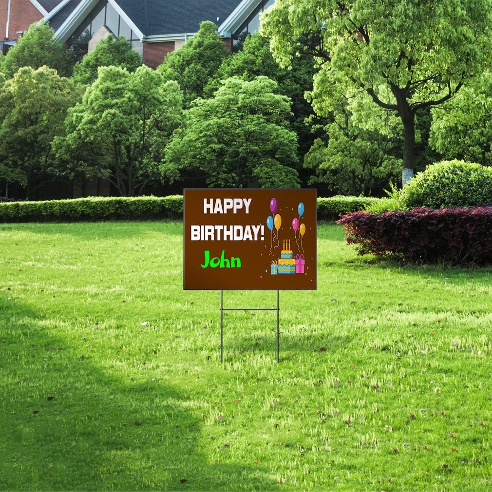 Custom Personalized Yard Sign Happy Birthday Boy Name Brown Cake&Balloons One Side Print 18inx12in