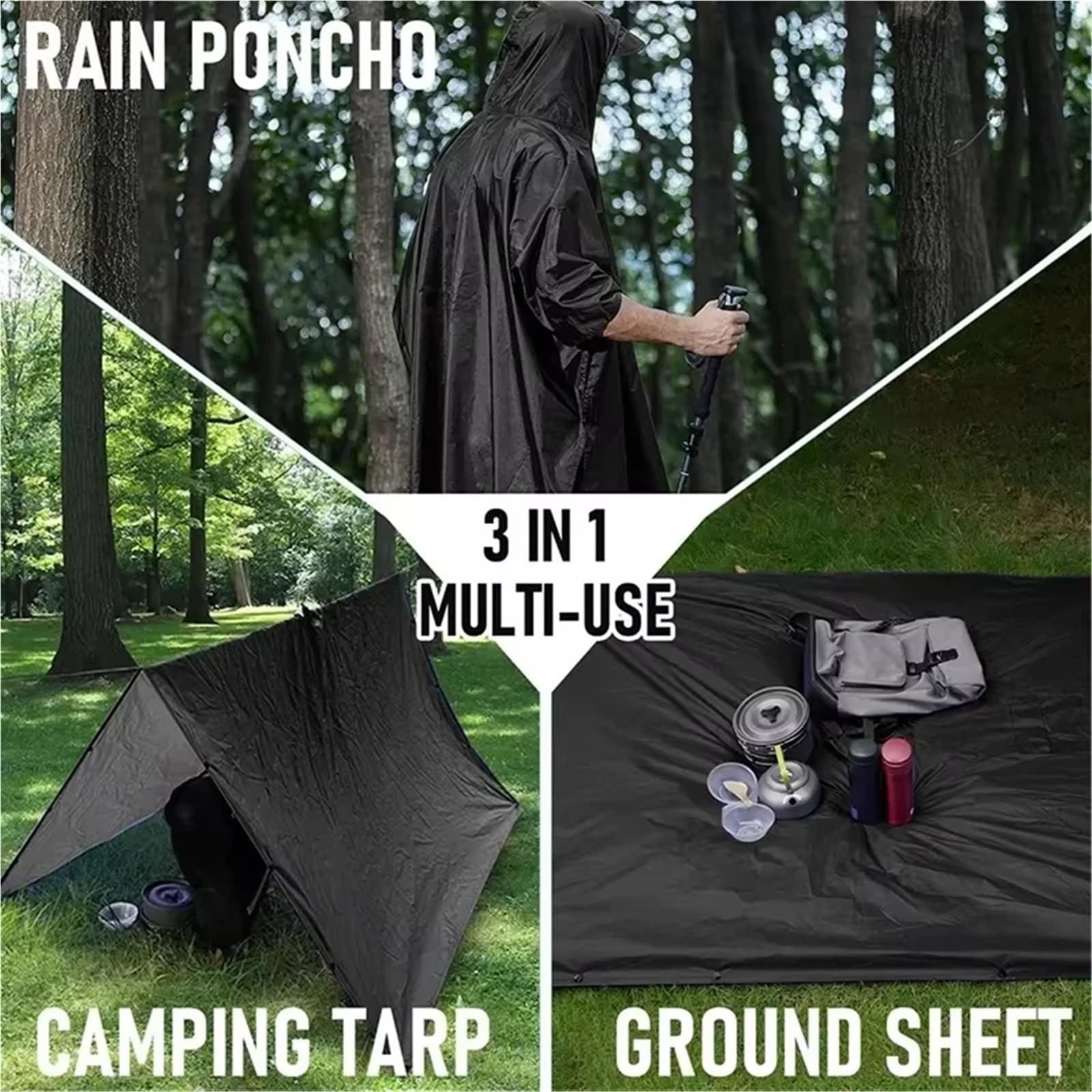 Poncho Pluie Imperméable 1/2 pièces extérieur 3 en 1 à capuche manches portable imperméable poncho camping randonnée voyage vélo housse de pluie tente(2pcs Black)