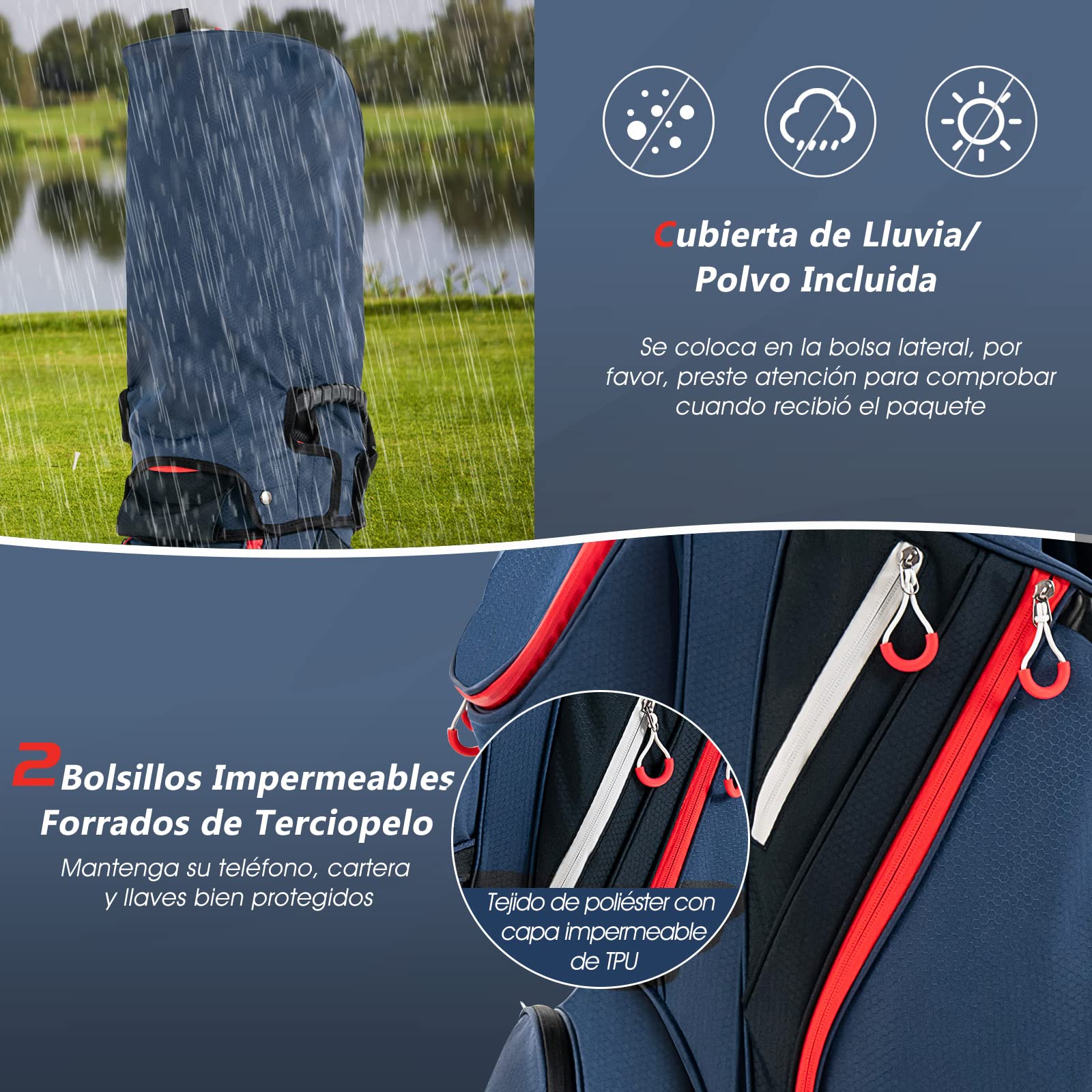 COSTWAY Bolsa de Golf para Carro, Ligera,14 Divisores, 8 Bolsillos, Capucha para la Lluvia, Correa para el Hombro, Bolsa Térmica para Bebidas, Ideal Hombres y Mujeres (Azul)