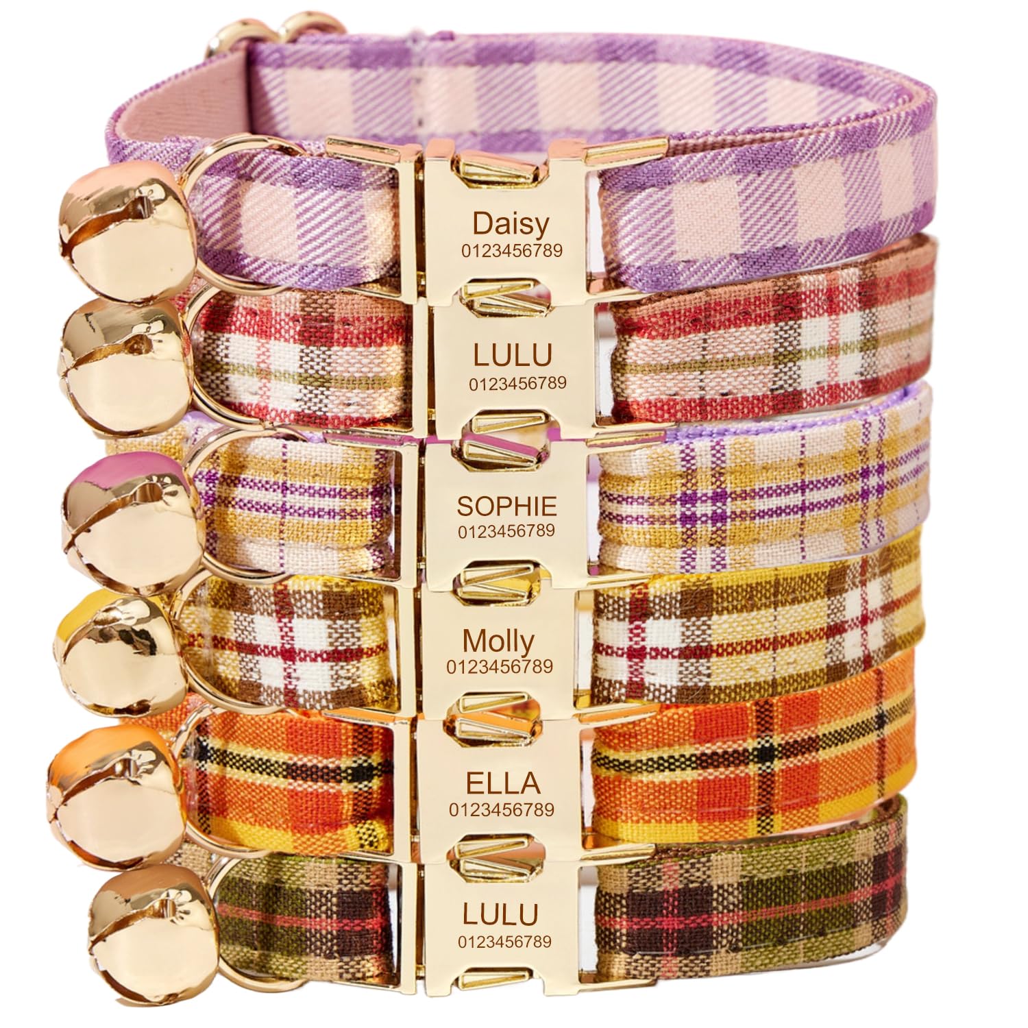 Collar de gato personalizado, nombre y número de teléfono grabados, tela suave ajustable, hebilla de metal segura (a cuadros)