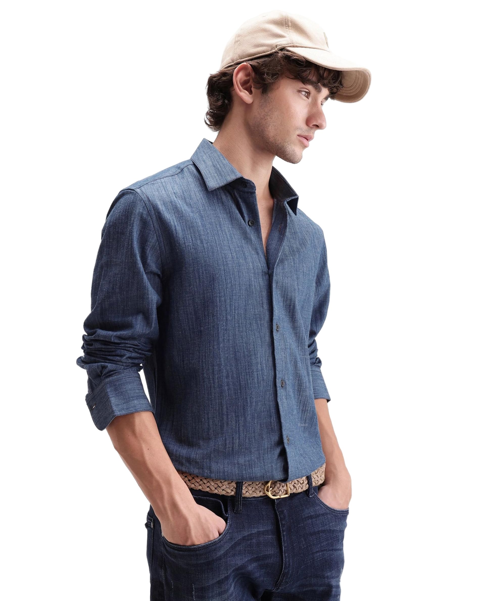 rare rabbit Regular Fit Solid Dark Blue Cotton Blend Long Sleeve Button-Down Shirt-picture-36