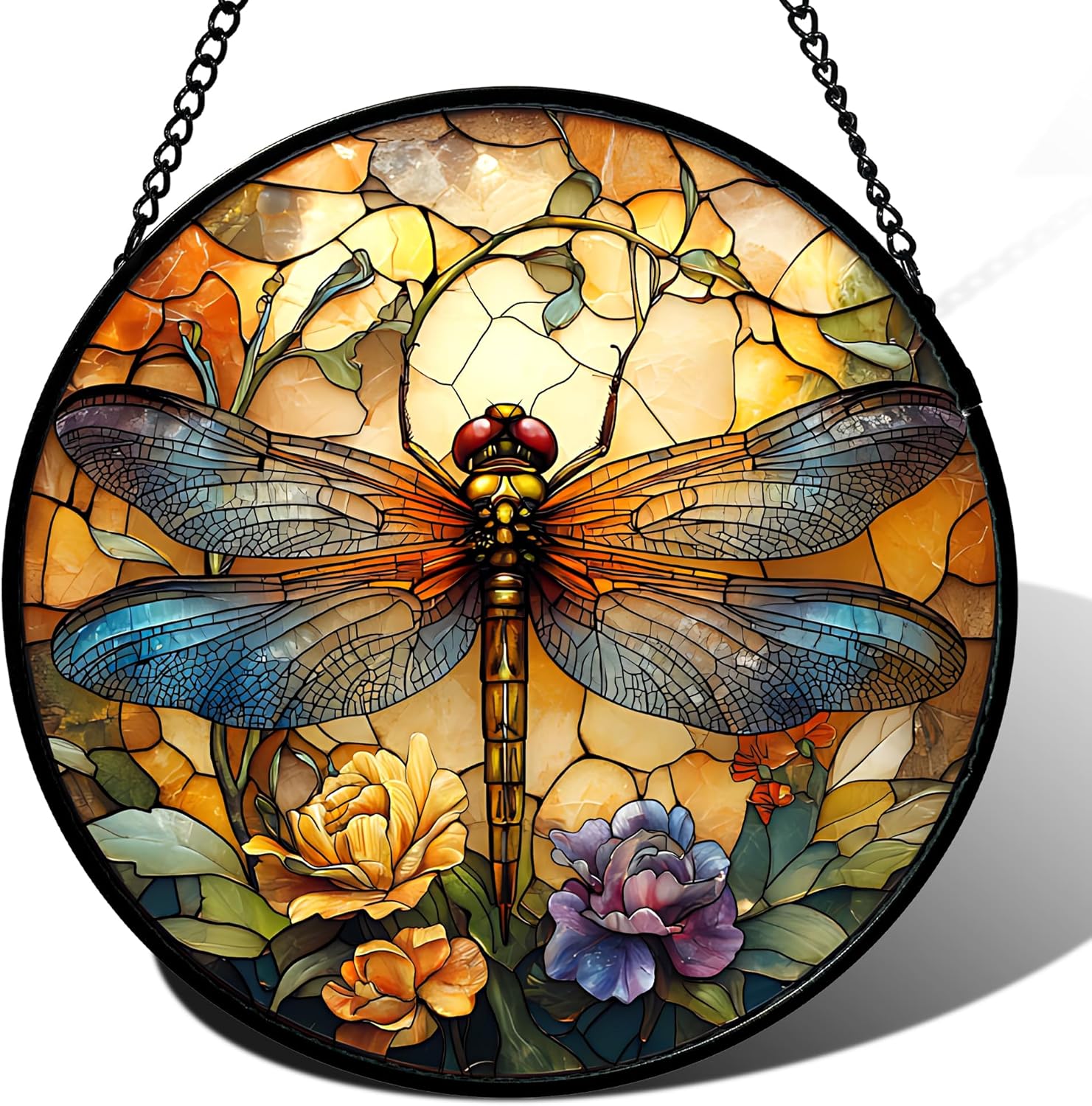 HWRHTR Stained Glass Window Hanging - Orange Blue Dragonfly Flower Suncatcher for Doors Window Home Sun Catchers Decor Christmas Mother's Day Birthday Outdoor Gifts for Women Men Mom Nana 9.8 in