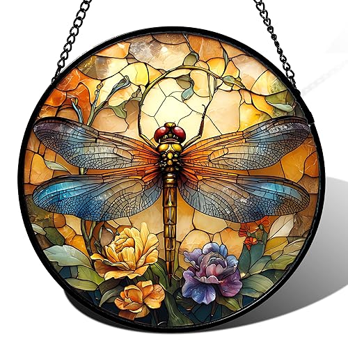 HWRHTR Stained Glass Window Hanging - Orange Blue Dragonfly Flower