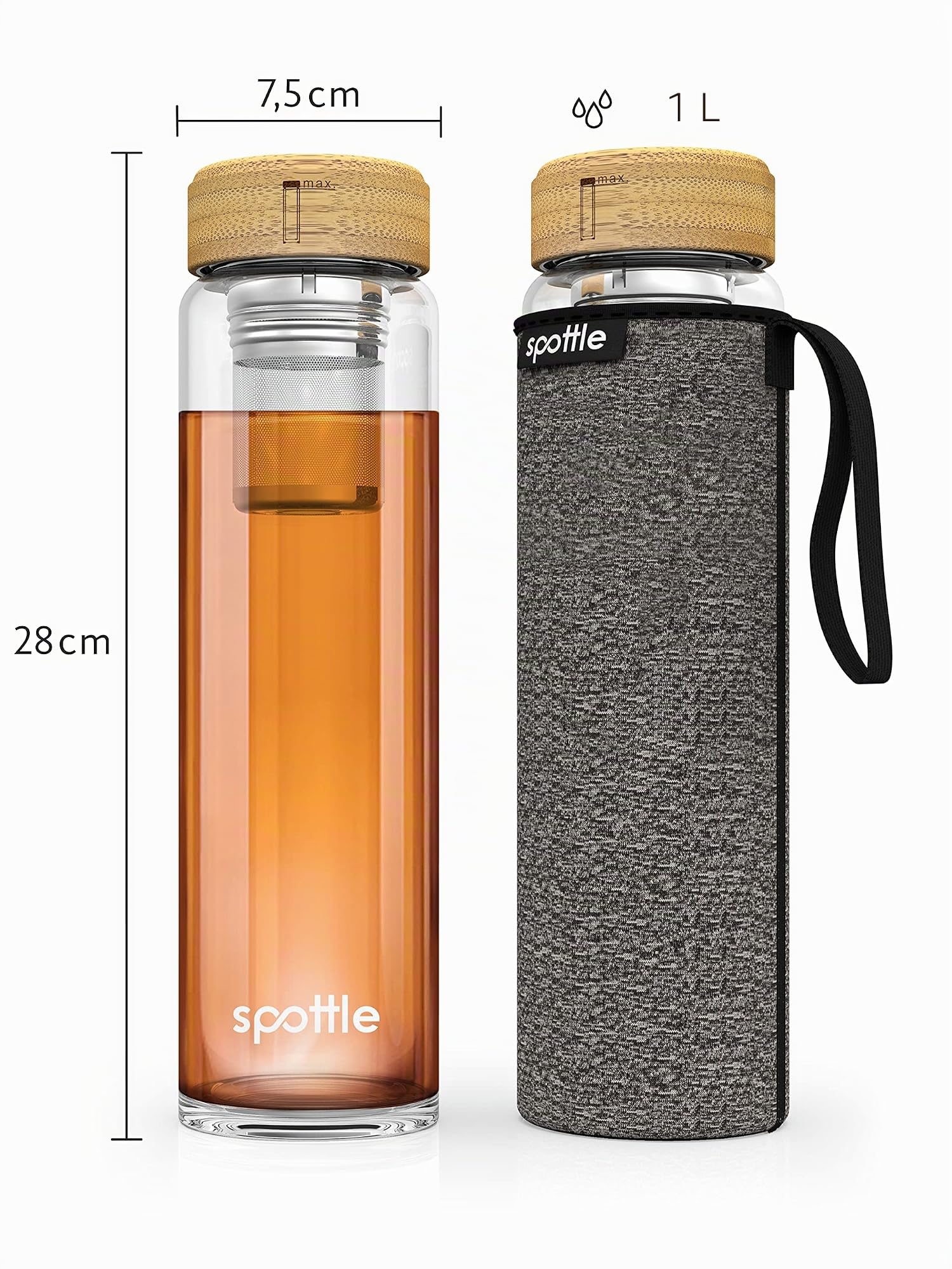 spottle – Gourde Verre 1L avec Infuseur en Acier Inoxydable, Double Paroi Borosilicate, Housse Néoprène, Infusion à Froid, Facile à Nettoyer