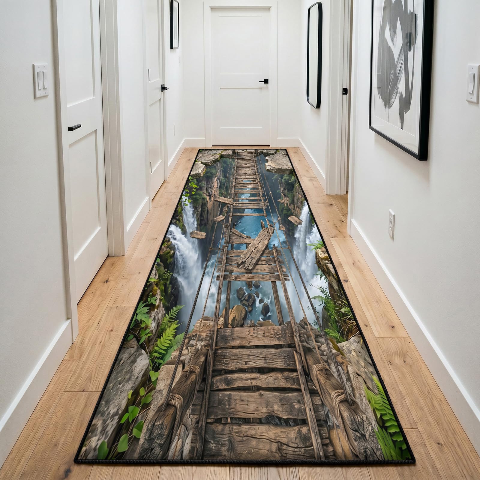 3D Rugs for Kitchen 60x180cm, Optical Illusion Carpet Runner, Canyon Waterfall Suspension Bridge Long Carpet, Soft Cozy Reduce Noise Washable Short Pile Rug for Laundry Bedroom Decor Door Mat