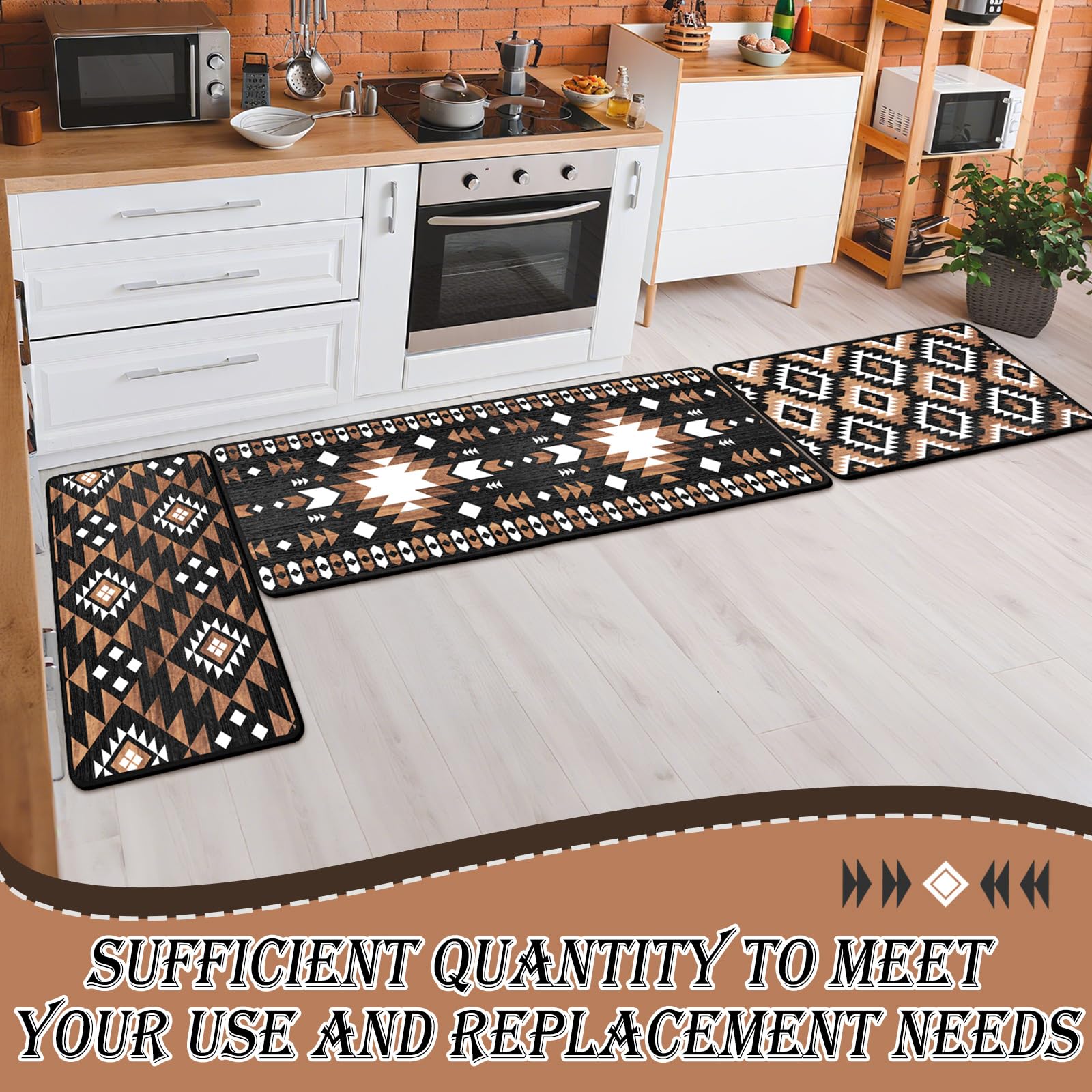 Drydiet Lot de 3 tapis de cuisine aztèques occidentaux et bohèmes - Tapis de sol antidérapants et imperméables - Motif géométrique - Décoration occidentale aztèque pour cuisine, maison, entrée, bar