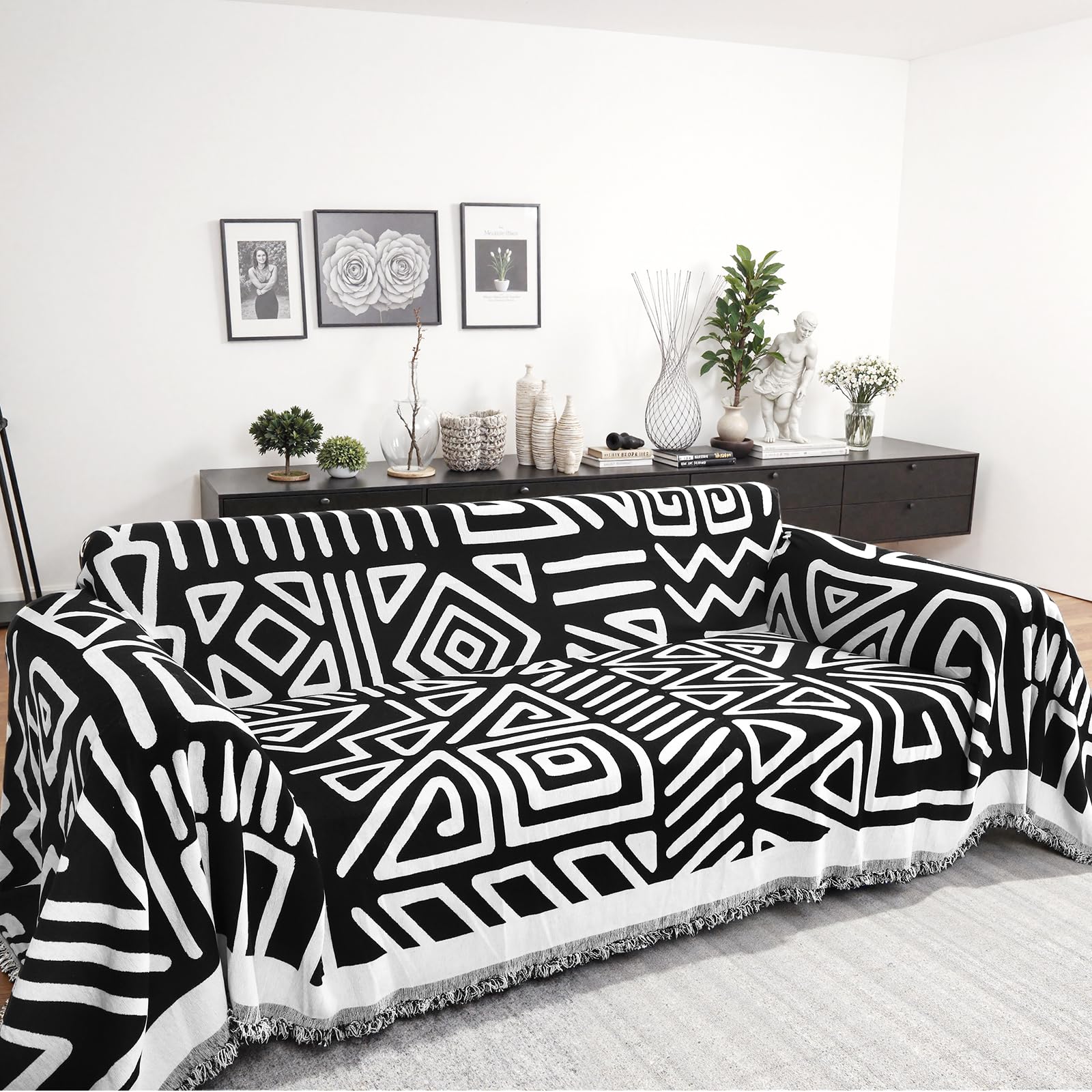 Roxooze Sofa Covers for 3 Cushion Couch Boho Chenille Sectional Sofa Cover Reversible Geometric Black Throws Couch Covers for Dogs Washable L Shaped