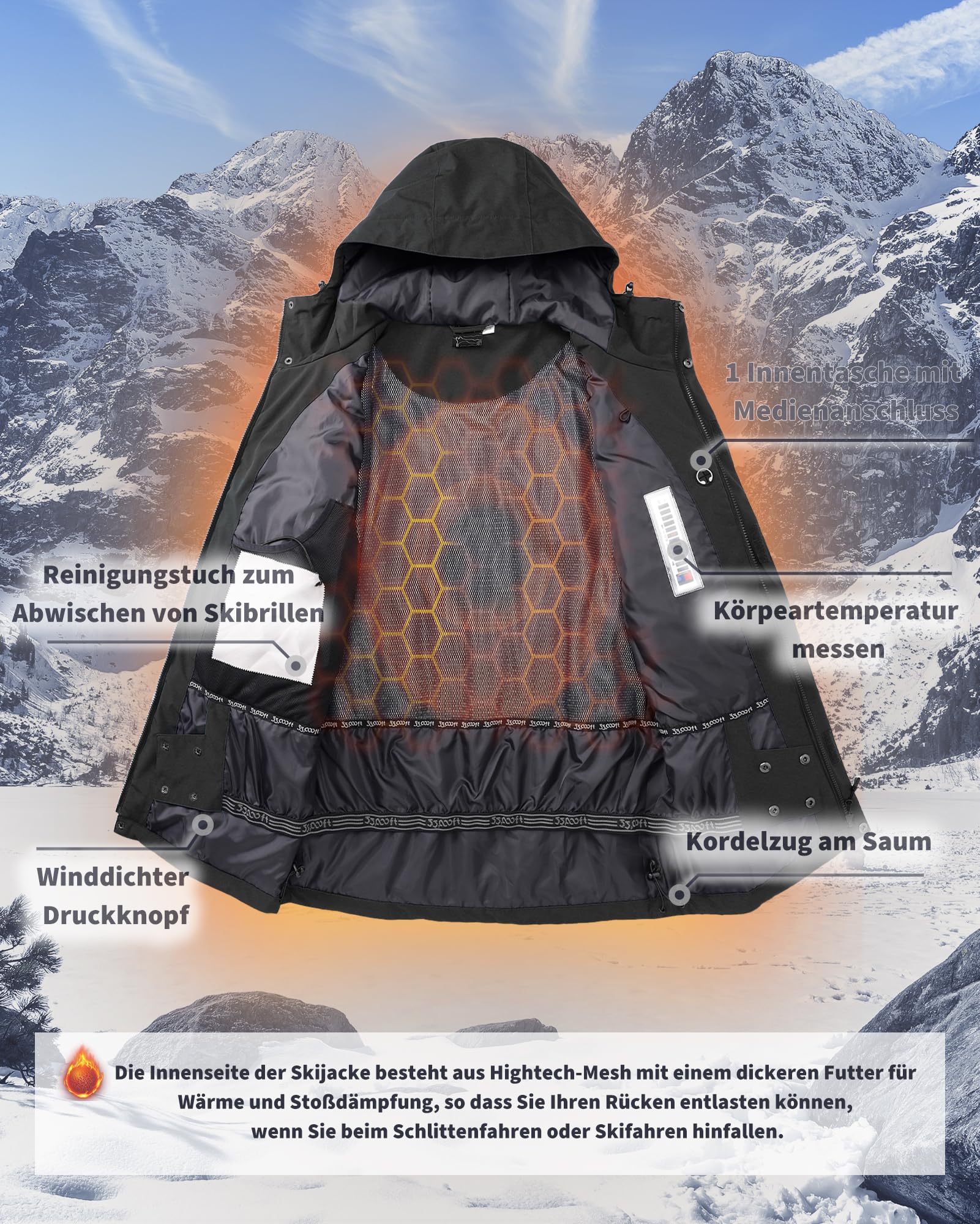 33,000ft Herren Skijacke Wasserdichte Winddichte Warme Outdoorjacke Winterjacke Funktionsjacke Atmungsaktive Snowboardjacke Softshell Jacke mit Kapuze
