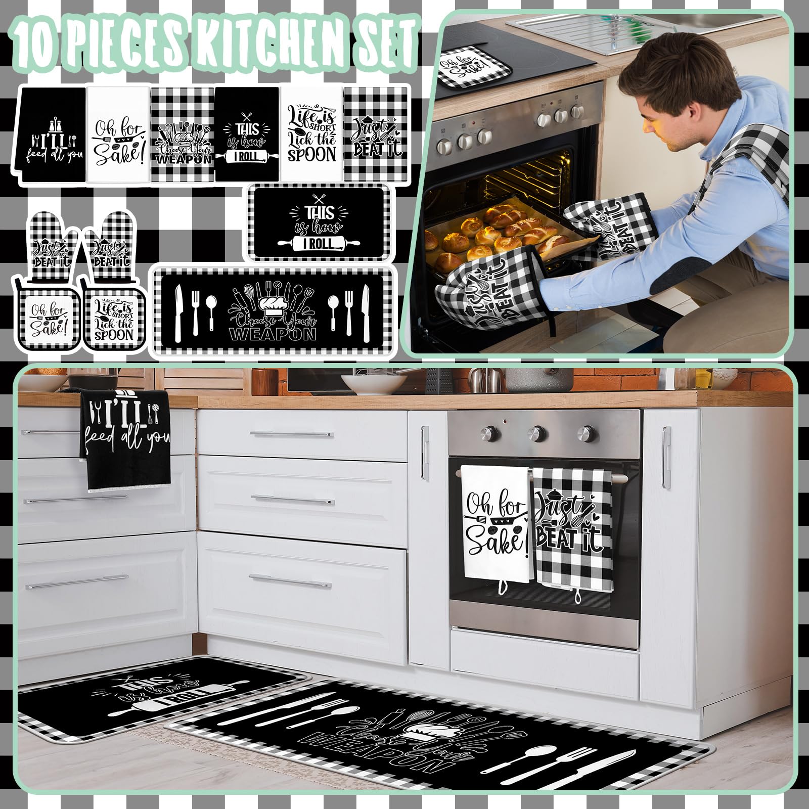 Fourluoo Juego de 10 manoplas de cocina a cuadros y soportes para ollas, paños de cocina en blanco y negro, accesorios de decoración de cocina para chef, hornear, cocinar, parrilla, barbacoa, mujeres