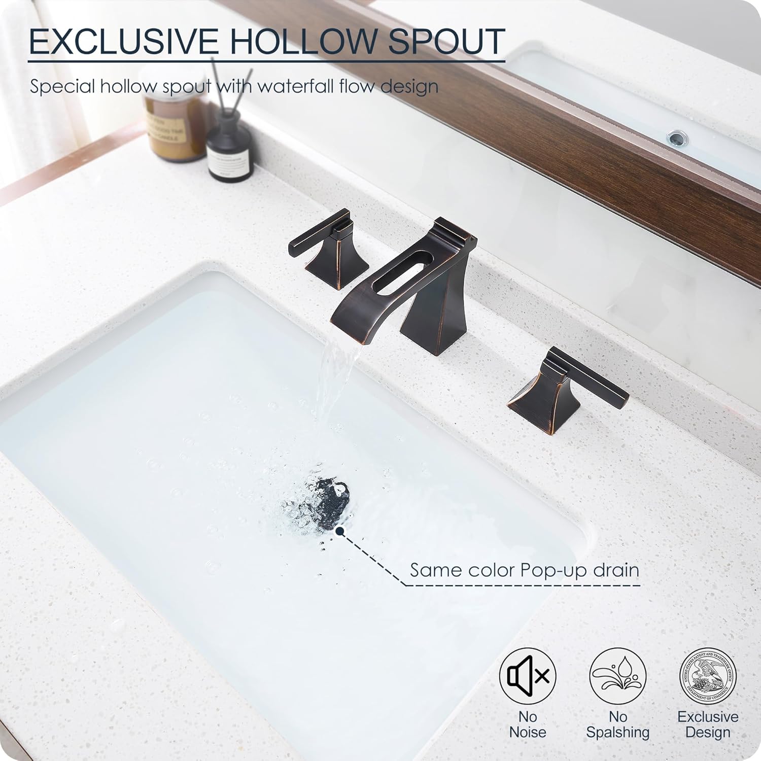 Oil Rubbed Bronze Bathroom Faucet 3 Hole, Brass Waterfall 8 Inch Widespread Bathroom Sink Faucet with Pop-Up Drain, cUPC Supply Lines, 2 Handles for Vanity, Farmhouse, Hollowed Design