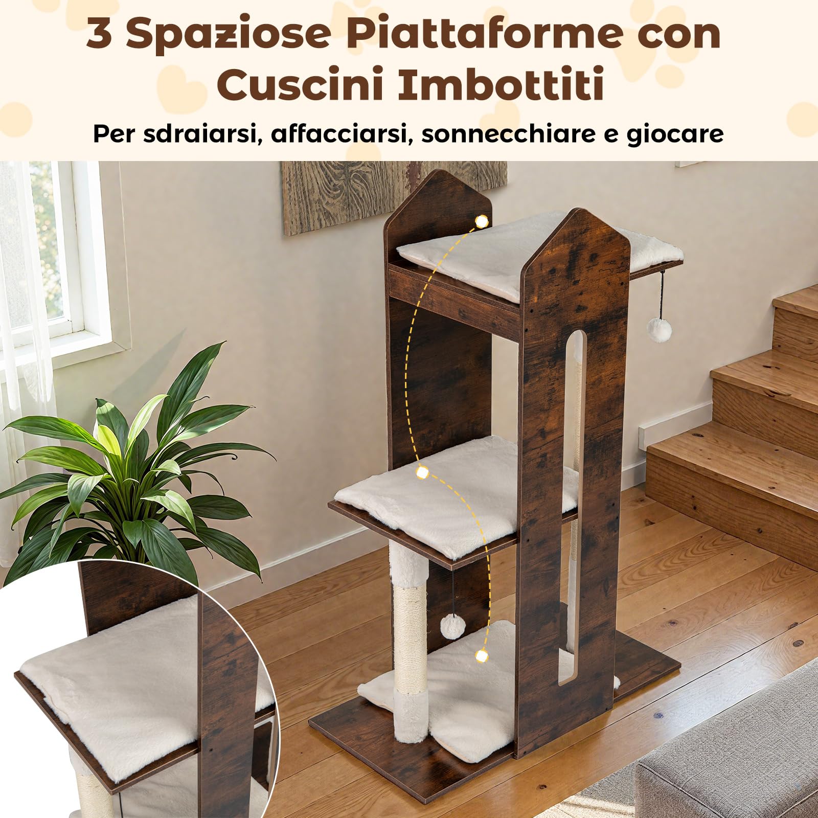 COSTWAY Albero per Gatti Alto 120 cm, Tiragraffi per Gattini in Legno con Posti Graffianti in Sisal, Palline Pendenti, Cuscini Morbidi e Piazzola, Tiragraffi Gatto per Arrampicata