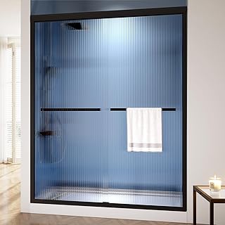 MORVANO Double Sliding Shower Door,56-60" W x 72" H Reeded Glass Shower Door, Semi-Frameless Bypasss Bathroom Glass Shower Fluted Doors with 1/4" (6mm) SGCC Certified Tempered Glass, Matte Black
