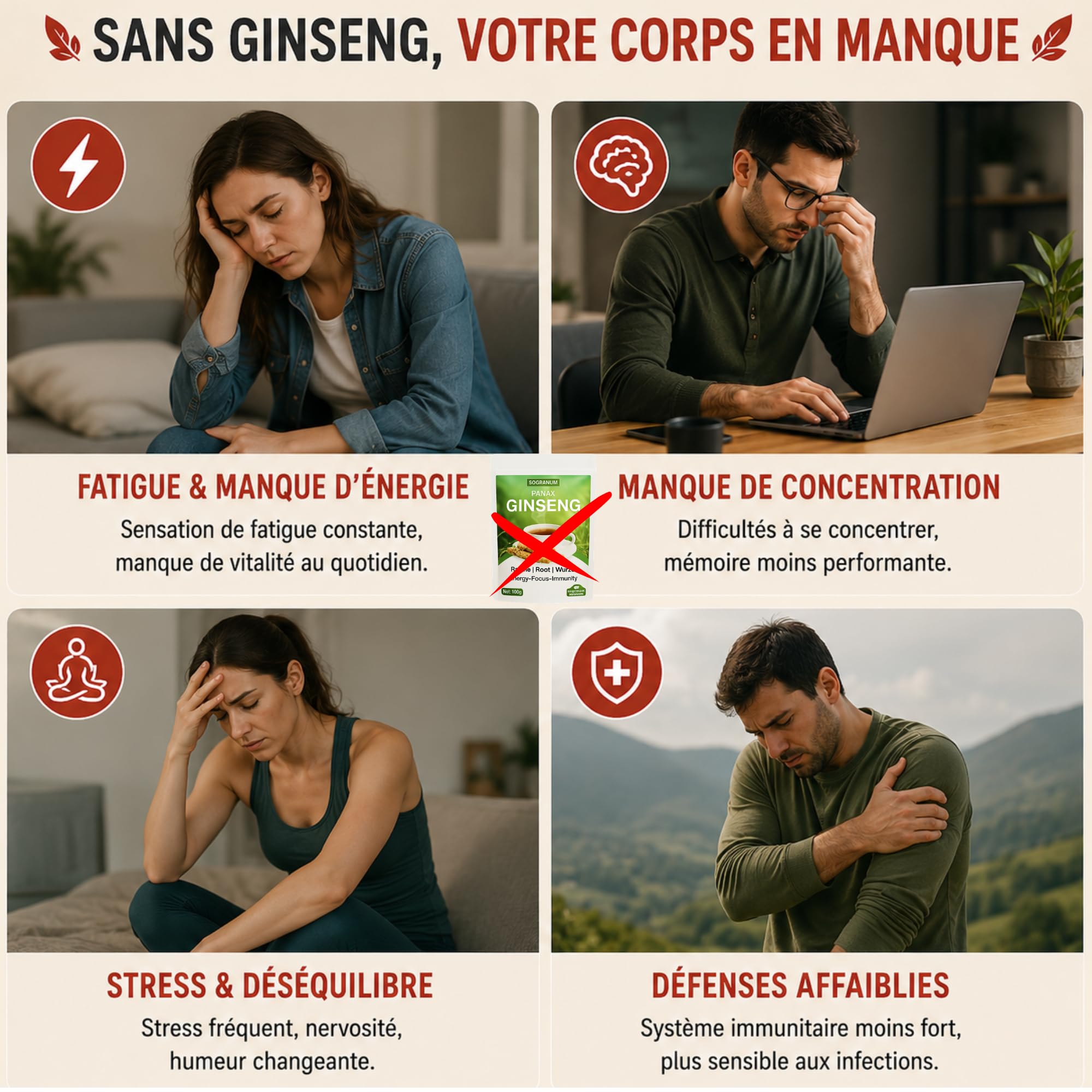Ginseng racine entière | Détox Tisane: Énergie, Vitalité, Focus, Gestion Stress, Renforce le système immunitaire | Plante traditionnelle thérapeutique asiatique millénaire | 100g