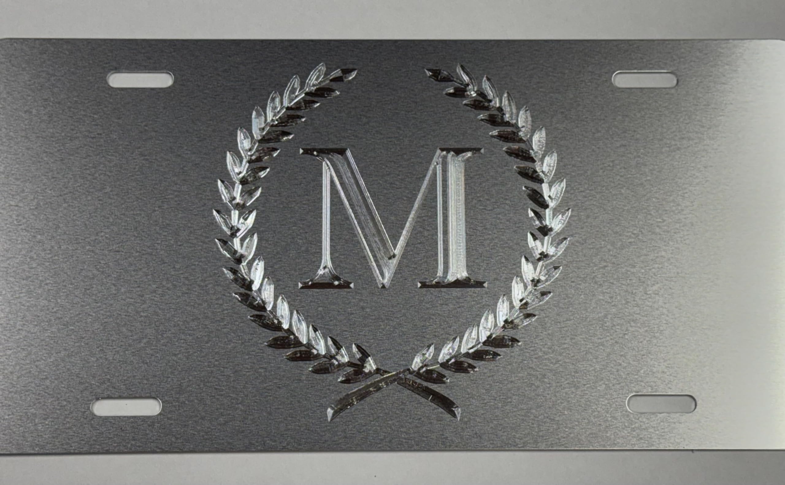 Silver Monogram Crest Car Tag Diamond Etched Engraved .040 Aluminum License Plate