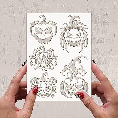 Miniatura 2 de Plantilla decorativa FLONZ de 6 x 8 pulgadas, varios diseños aterradores de Jack o' Lantern para pintura de pared, álbumes de recortes y decoración