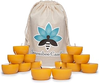 Serenibee Beeswax Tea Light Candles - 100% Pure Beeswax with One Reusable Glass Candle Holder and Reusable Cotton Bag Eco Friendly Gift Set(12)
