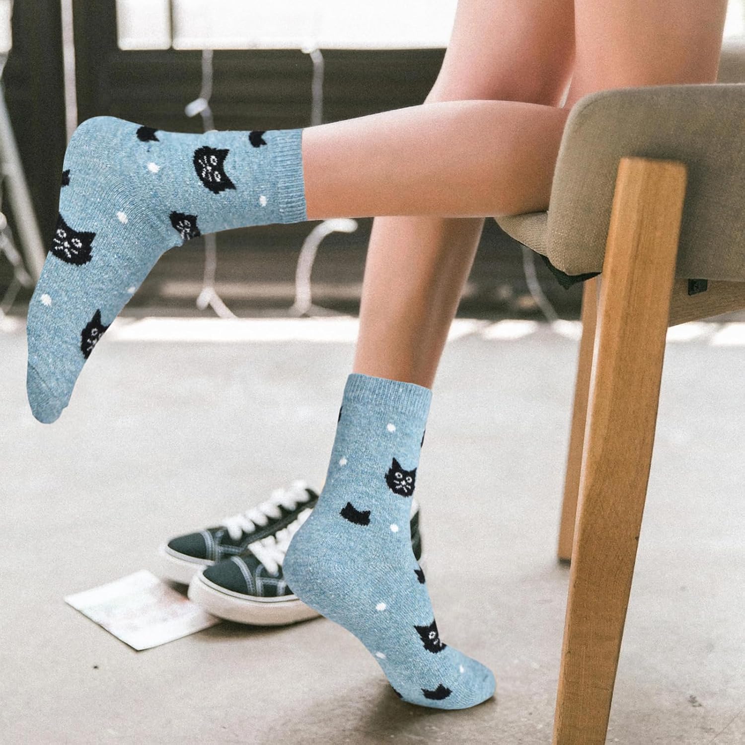 Women's Merino Wool Dress Socks - Thin, Warm, Hiking Crew & Cute Heart/Cat 6/5 Pairs - Image 2
