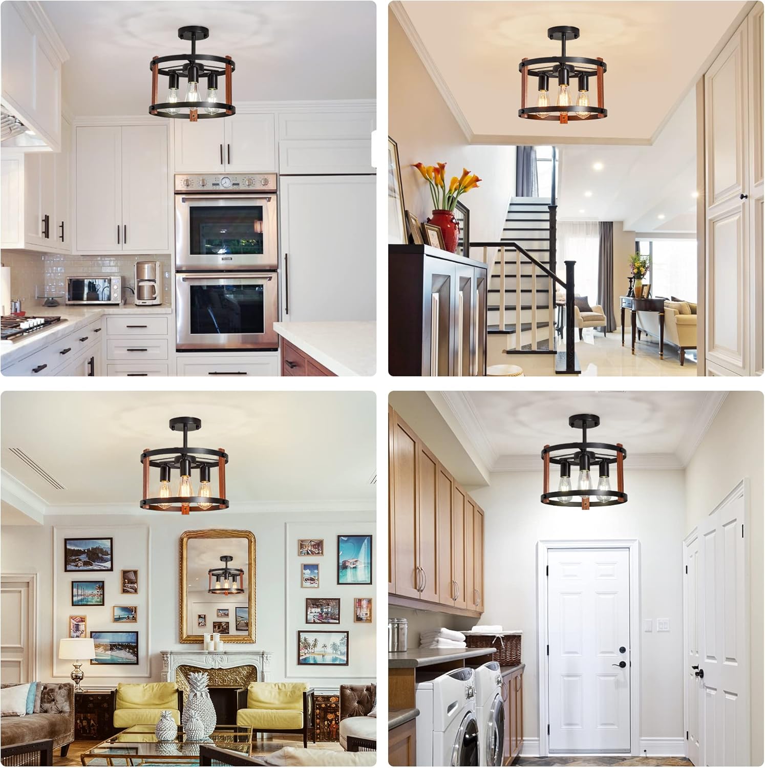 LEDIARY Semi Flush Mount Ceiling Light, 3-Light Farmhouse Wood Ceiling Light with Black Metal, Hallway Light Fixtures Ceiling for Entryway, Kitchen, Dining Room, Bedroom