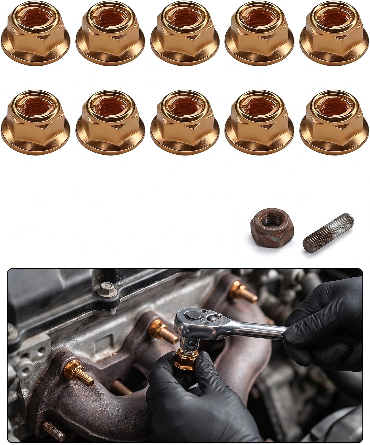 10 PCS Exhaust Manifold Studs, Copper Plated Self-Locking Seal Flange Nut Kit Replacement for OEM A1201420072, Hexagon Exhaust Bolts and Nuts Universal for Cars Trucks