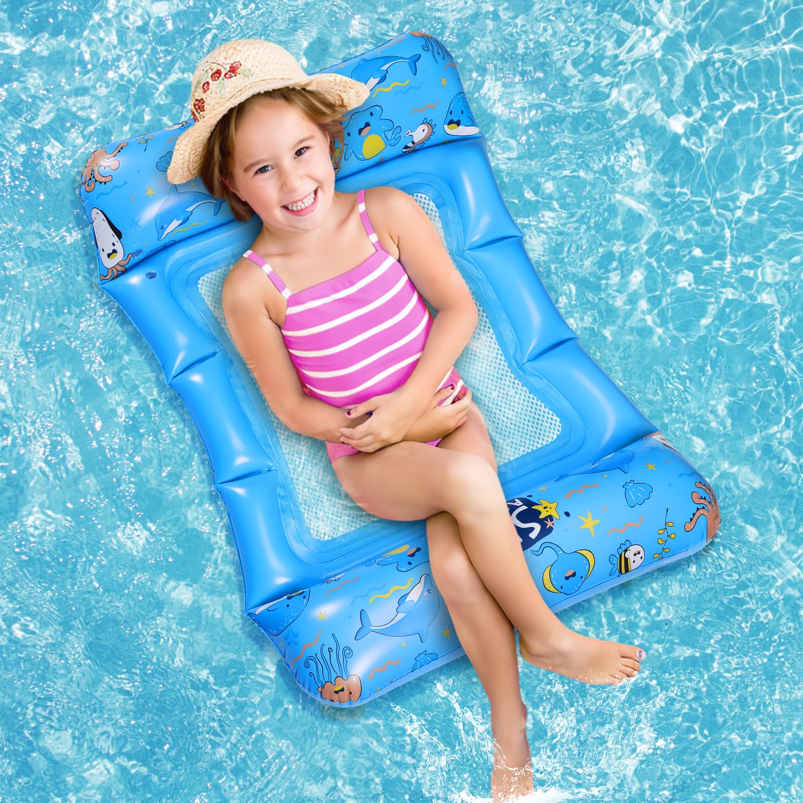 Kazzley Colchoneta Piscina para Niños, 4 en 1 Hinchables para Piscina con Temática Oceánica, Flotadores Piscina Inchables Piscina para Niños