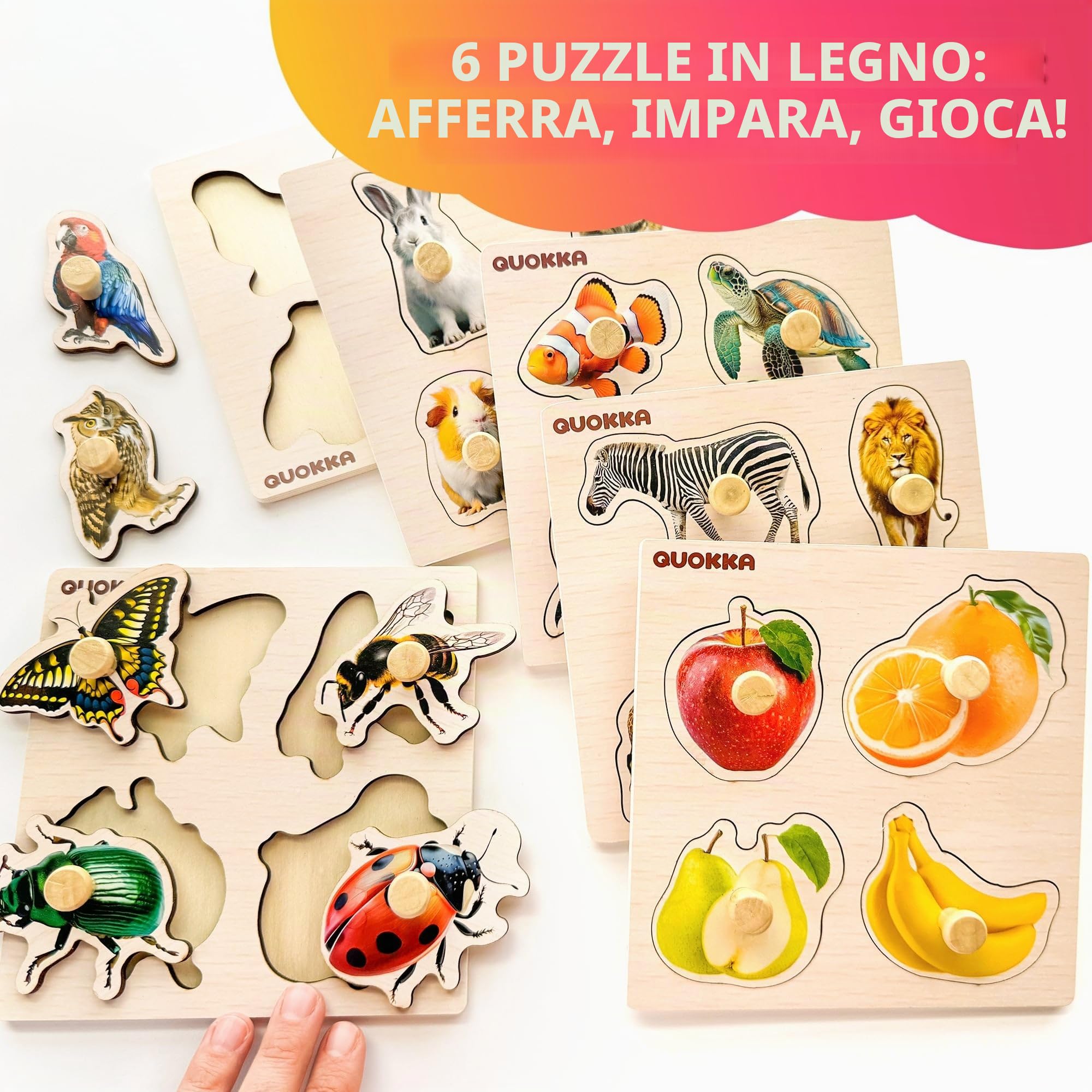 QUOKKA Puzzle Legno Bambini 1 2 3 Anni – 6 Montessori Giochi Legno - Puzzle 18 Mesi con Animali Realistici – Giocattolo Educativo Regalo per Bambini e Bambine 2 3 4 Anni