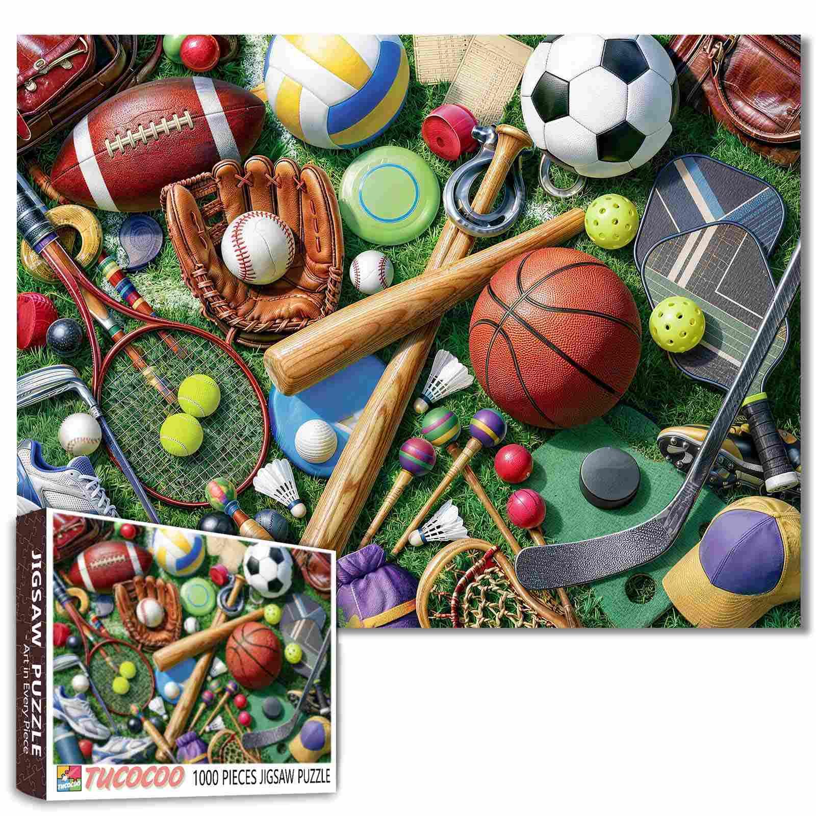 Sports Jigsaw Puzzles for Adults 1000 Pieces Basketball Soccer Ball Baseball Glove and Bats Sports Equipment Family Activity Games Art Home Decor 19.7 x 27.6 Inch