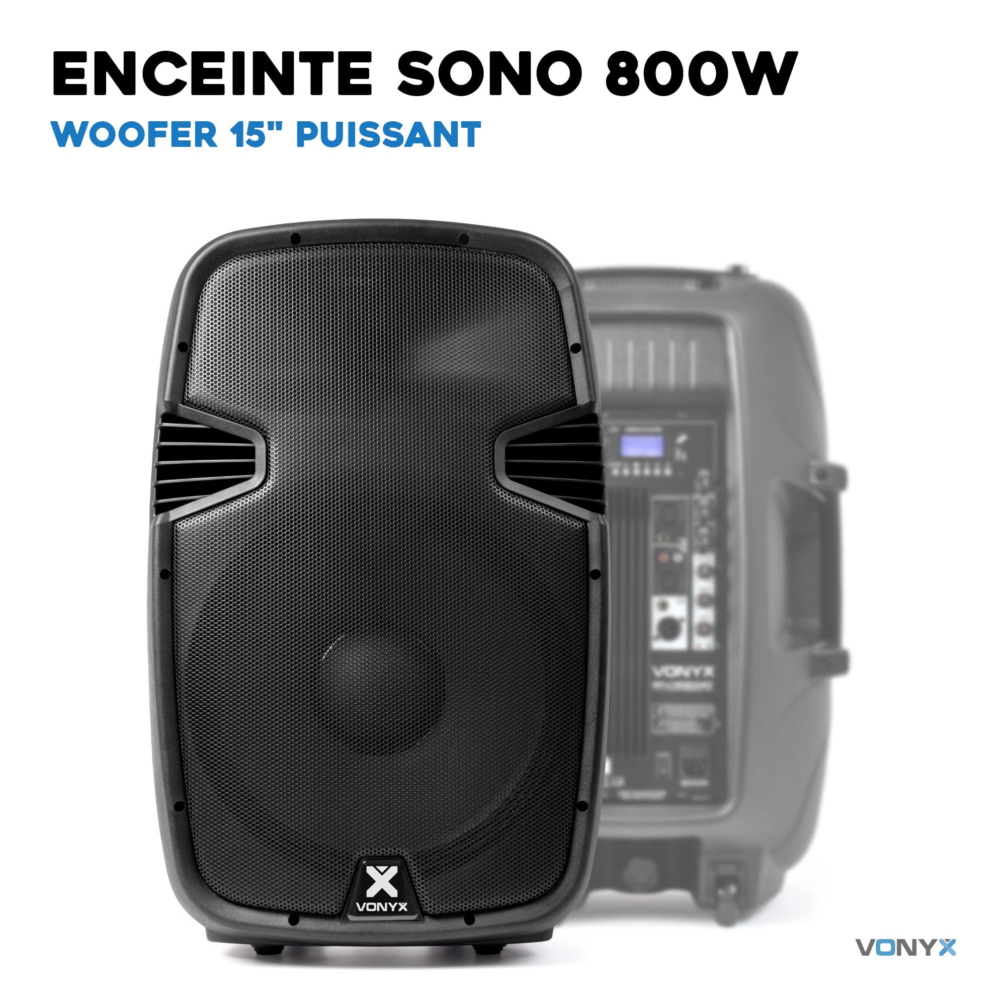 VONYX SPJ-1500A Enceinte Active 15" 800 Watts, Enceinte Amplifiée, Sonorisation Professionnelle, Boitier ABS Solide, Haut-Parleur Mobile, Woofer 15 Pouces, Entrée Ligne Micro