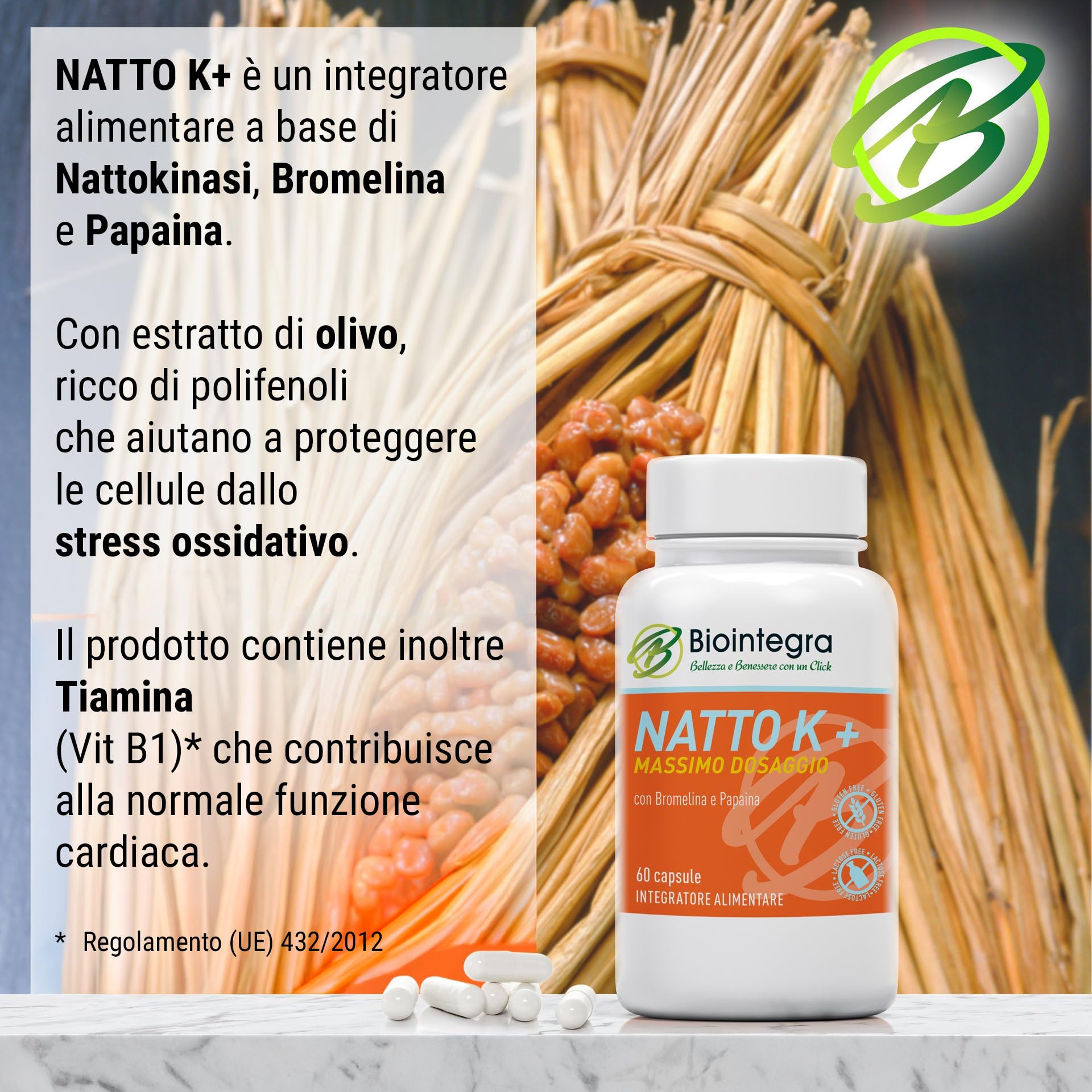 Biointegra Nattokinase ad alto dosaggio, formula unica con Bromelina e Papaina, 60 capsule vegan da 100 mg ciascuna (24.000 FU/g), no additivi, senza glutine, no OGM