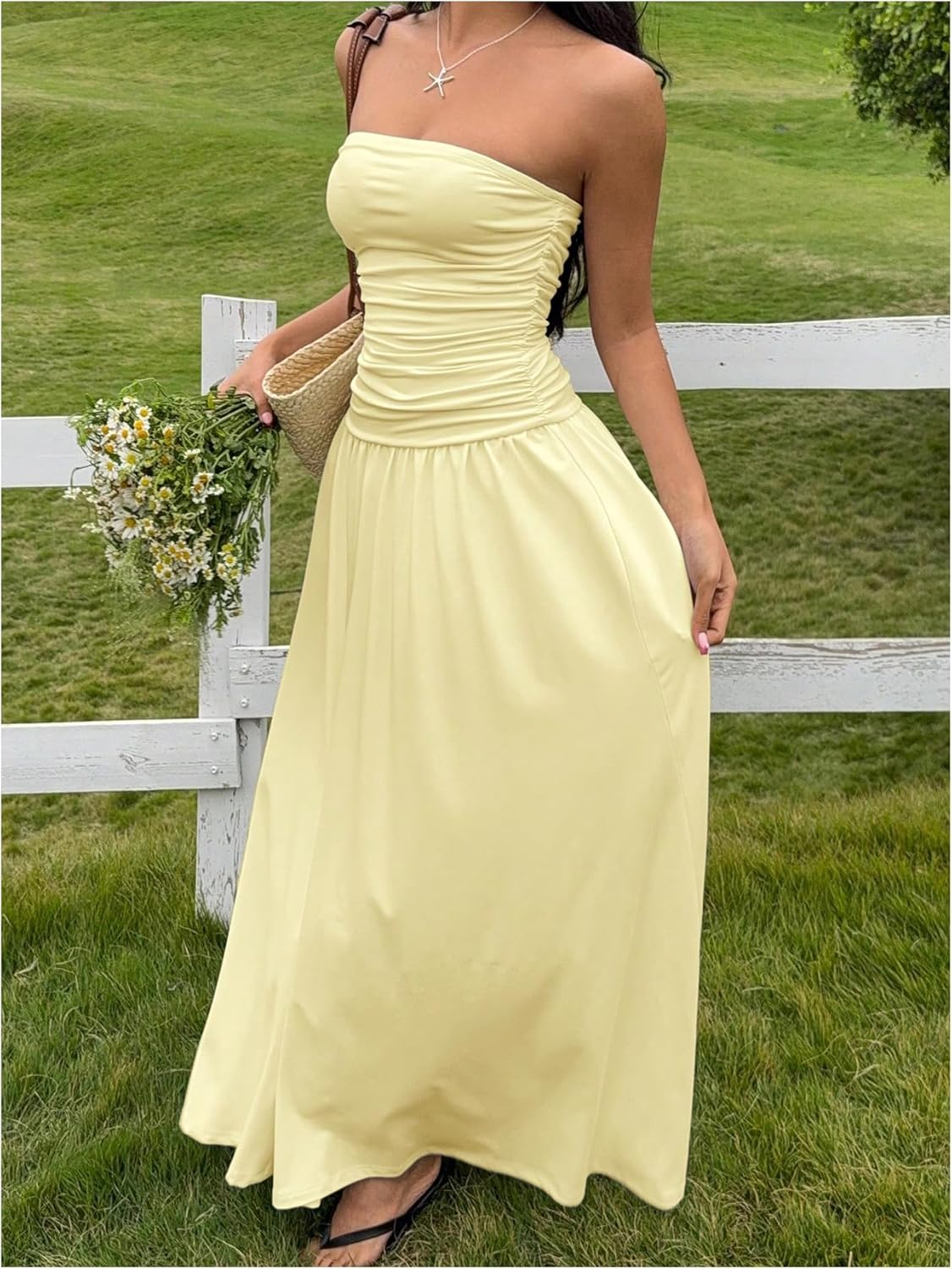 Milumia Women's Strapless A Line Bandeau Maxi Dress Summer Casual Ruched Long Dresses - Image 2