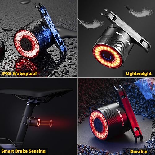 Miniatura 3 de ROCKBROS Luz trasera de bicicleta, luz trasera de bicicleta recargable, sensor de encendido y apagado automático IPX6, luces traseras impermeables