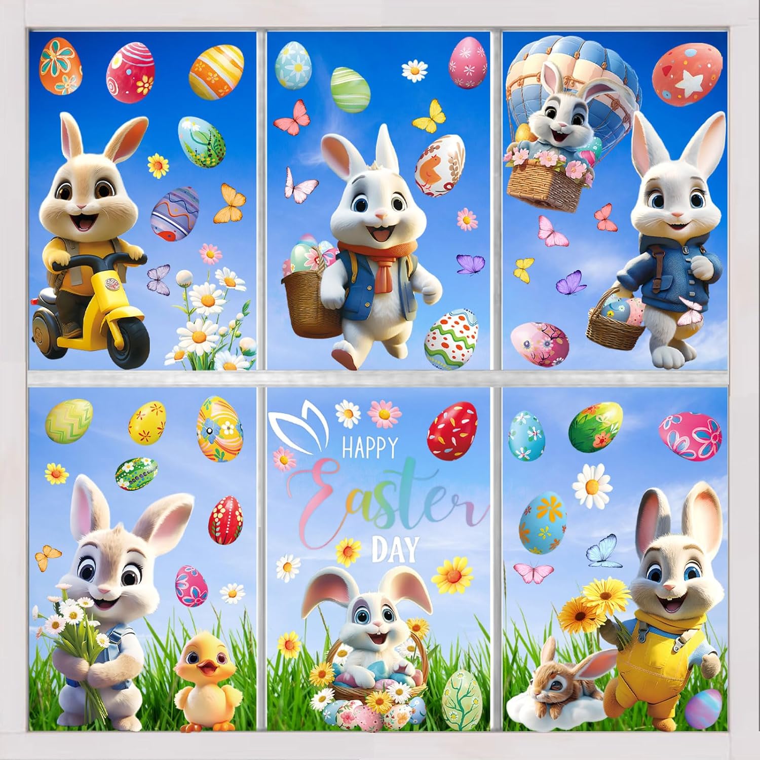 AhfuLife Easter Window Cling, 9 Sheets Larger 3D Bunny Rabbit Chick Window Stickers, Happy Easter Eggs Spring Window Decals for Home, Office, School Party Decoration Supplies