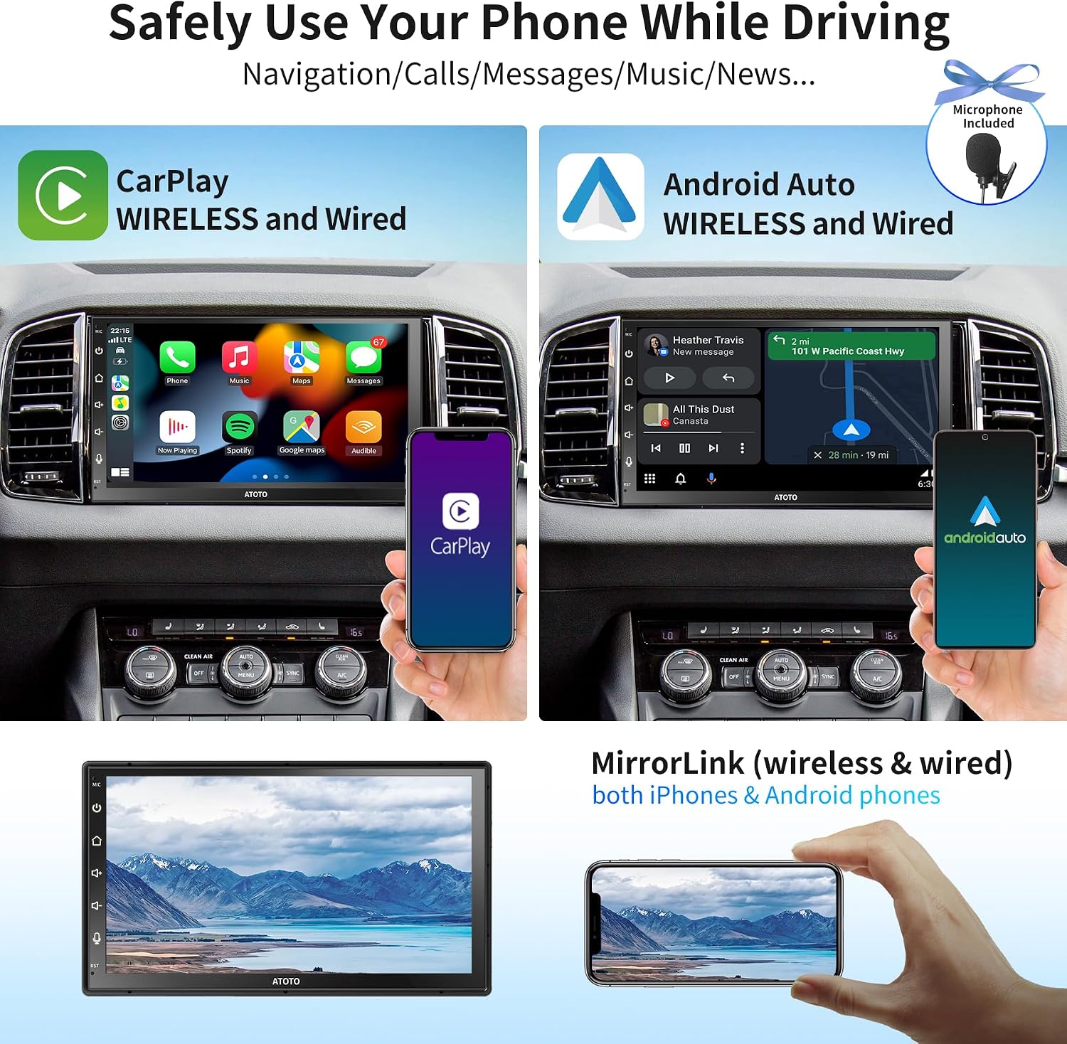 ATOTO A6PF 7inch Double DIN Android Car Stereo QLED Touchscreen, Wireless CarPlay & Wireless Android Auto, MirrorLink, GPS Tracking, Dual Bluetooth, WiFi/BT/USB Tethering, HD LRV, 2G+32G, A6G2B7PF