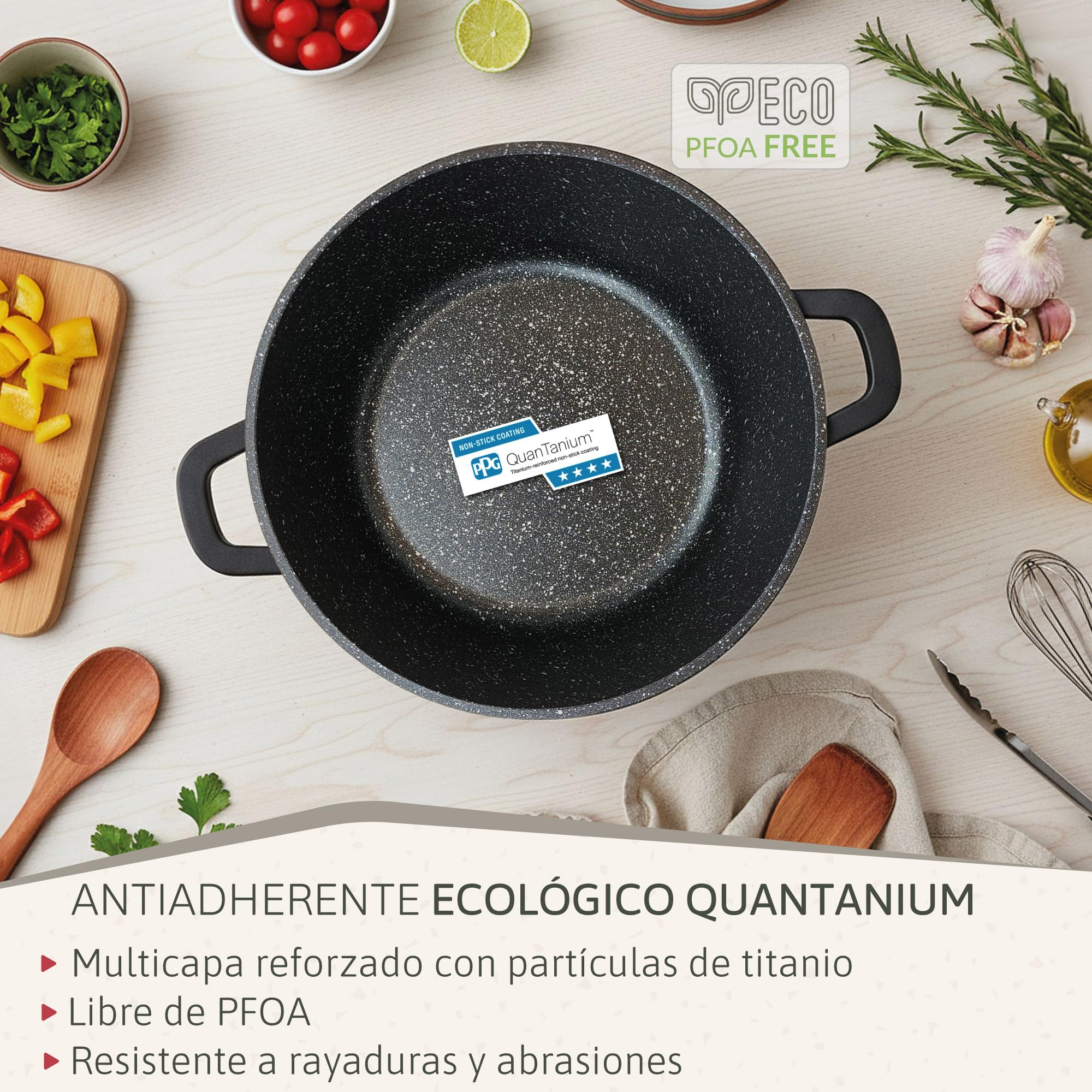 briebe Black Titanium Cacerola Cocina Inducción Antiadherente Titanio, Cazuela 28cm, Aluminio Fundido, Recubrimiento sin PFOA, Tapa Cristal, Asas Silicona Extraíbles, Vitrocerámica, Gas, Horno