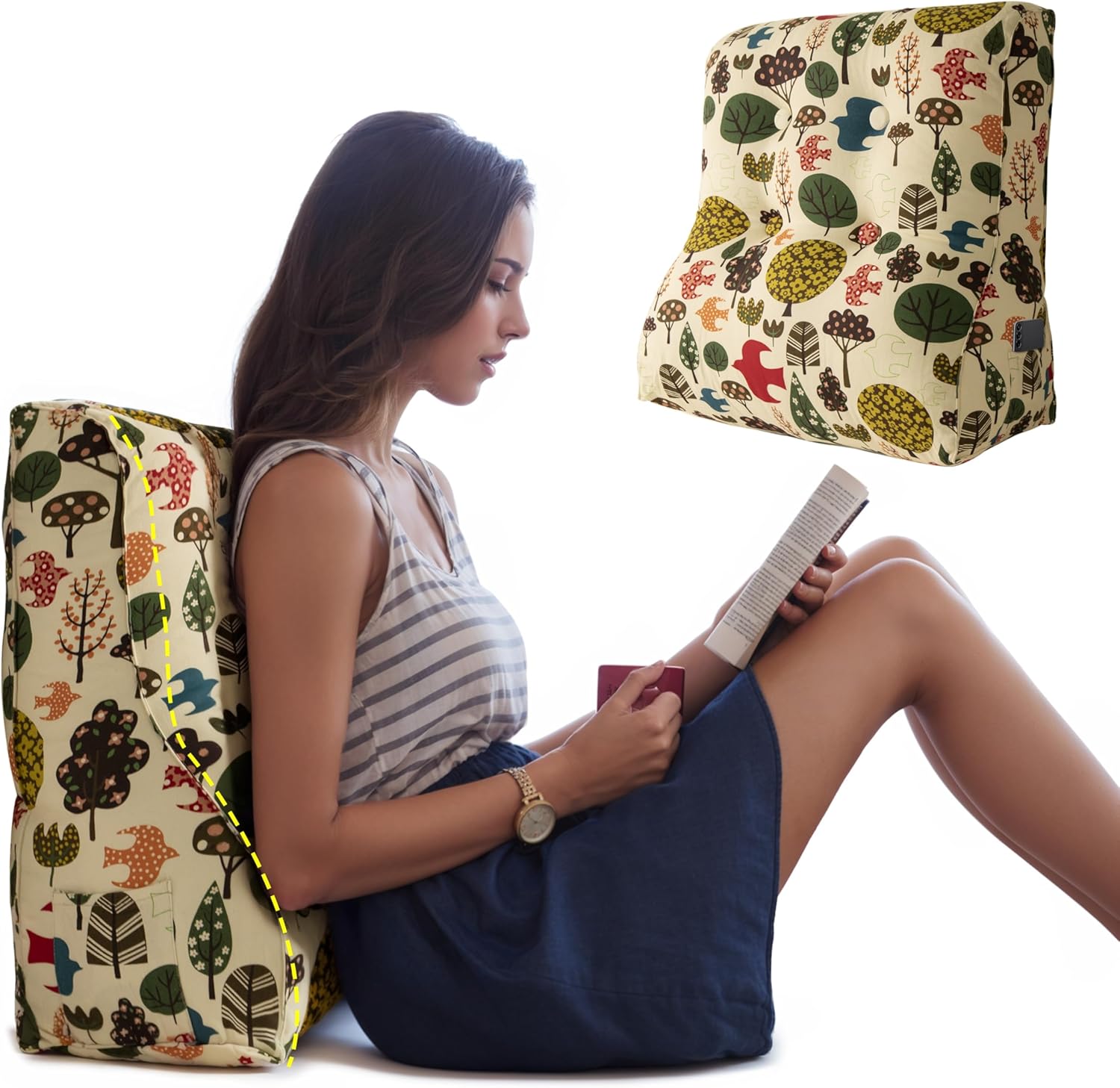 Reading Pillow for Bed – Back Pillow for Sitting Up in Bed Adult,Recline Back Wedge Support Couch Pillows for Living Room (100% Cotton), Forest Print