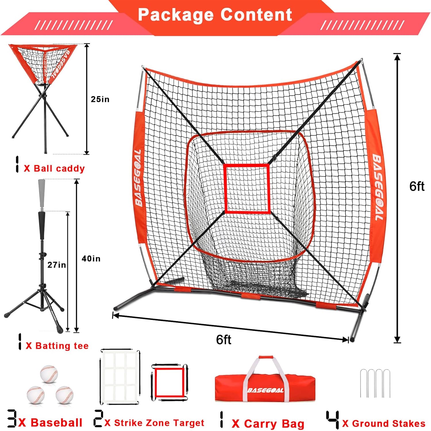 BaseGoal 6'×6' Baseball Softball Practice Net,Baseball Backstop,with Batting Tee,Ball Caddy,for Hitting Pitching Batting Catching with Bow Frame,Bonus Strike Zone,Target,Portable and Foldable
