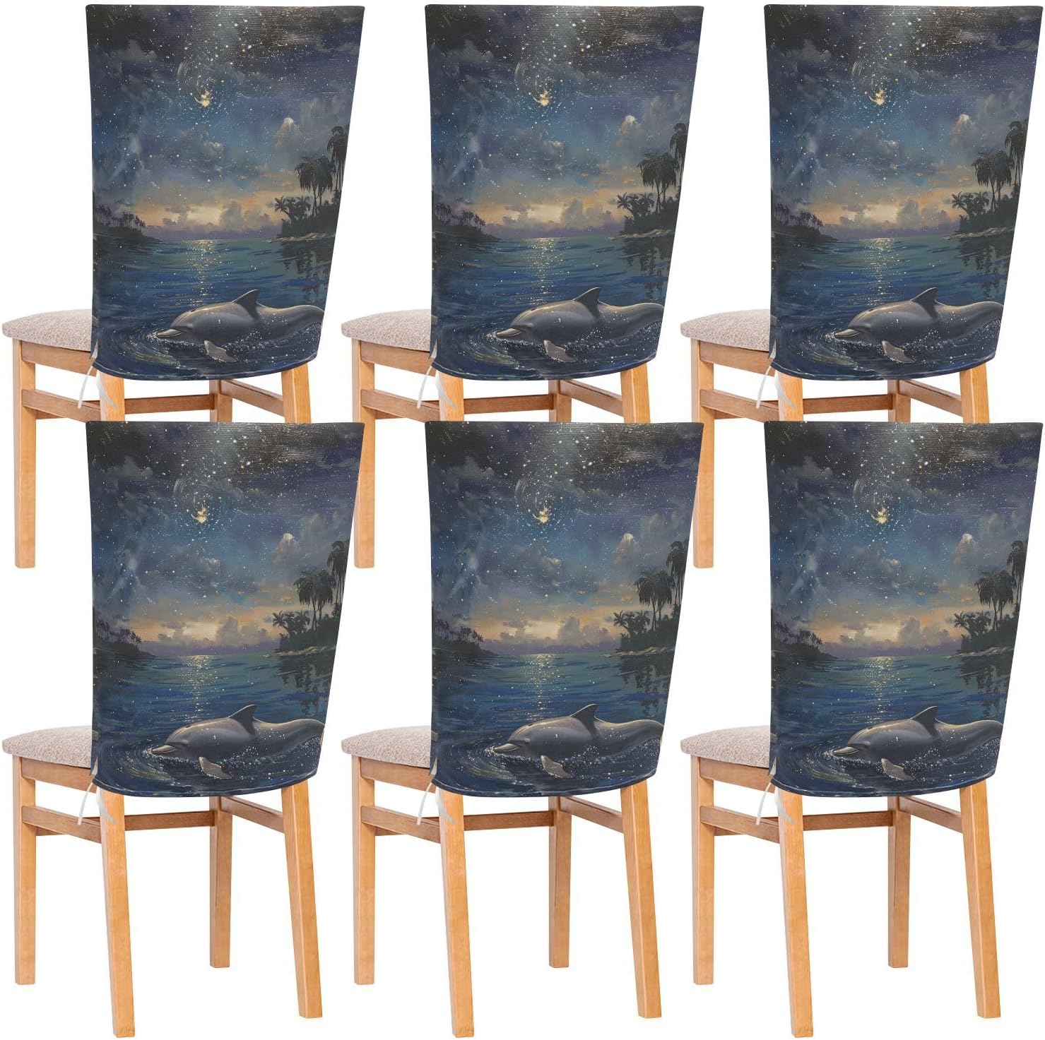 ALAZA Dolphin at Night Chair Back Cover Set of 6, Washable Reusable Removable Chair Slipcovers Decorative Chair Cover for Home Kitchen Wedding Party
