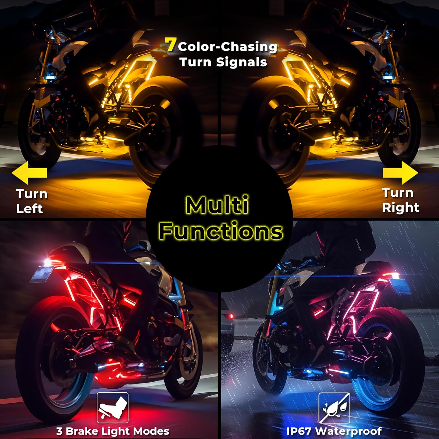 12PCS Motorcycle Led Lights with Brake Turn Signal,Underglow Light Kits with DITRIO APP/RF Remote Control, Dual Zone,Waterproof,12V Pixelglow Led RGB Lights for Motorcycles, Golf Carts, ATVs, UTVs