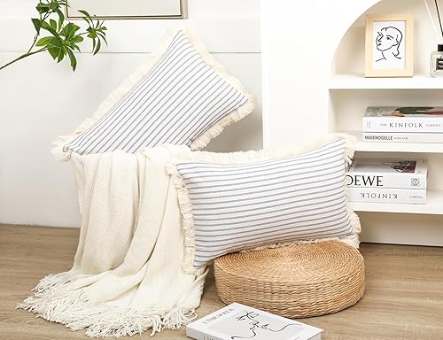 Miniatura 2 de Juego de 2 fundas de almohada bohemias de color azul claro de 12 x 20 pulgadas, almohada neutra de algodón con flecos de borlas, funda de cojín