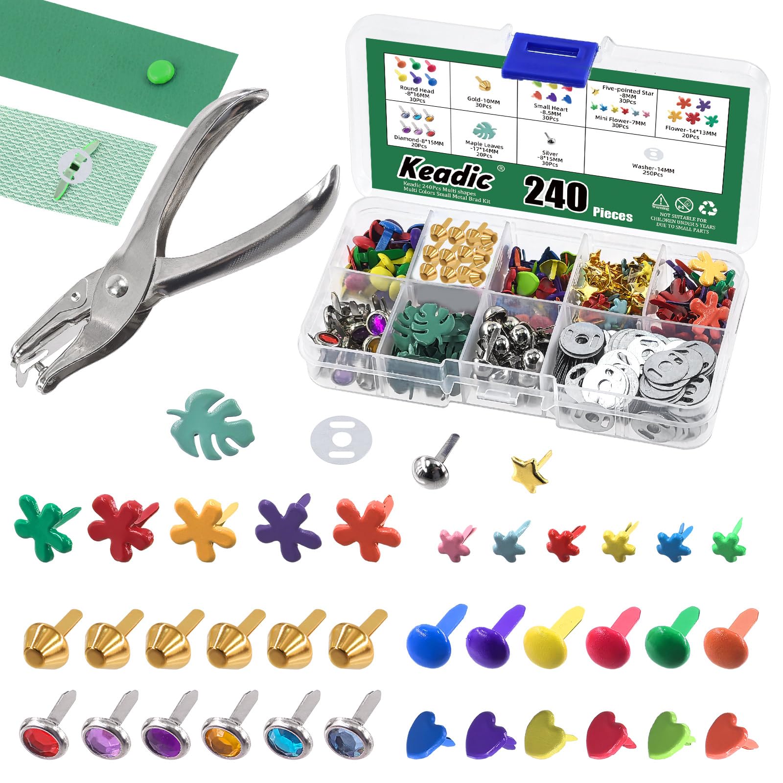 Keadic 491Pcs Metal Paper Fasteners Brads and Single Hole Metal Punch Pliers Assortment Set