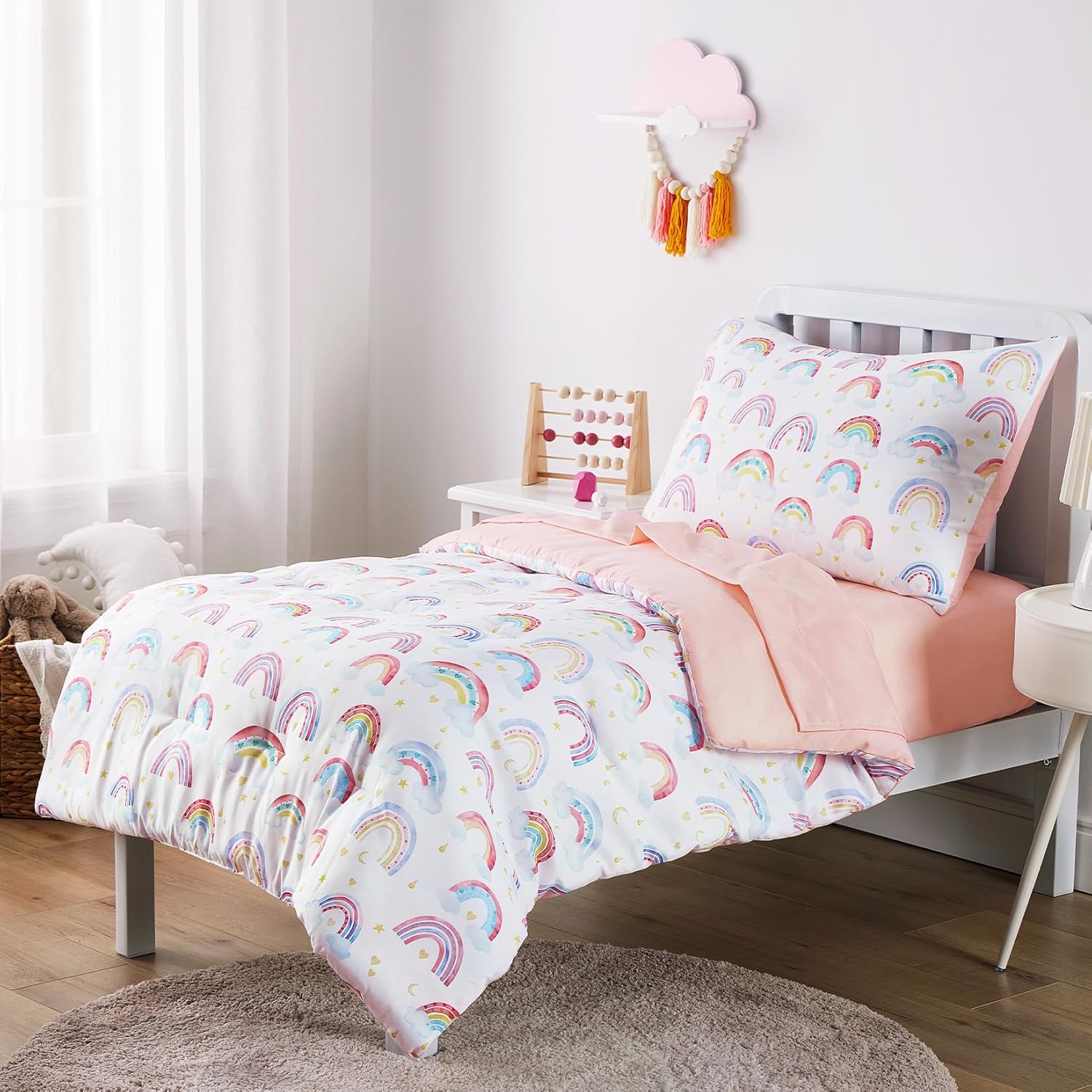 Wake In Cloud - Rainbow Toddler Bedding Set for Girls, Cute Colorful Pastel Rainbow with Clouds, 4 Pieces Soft Crib Bed Set Including Comforter, Sheets and Pillowcase, White Pink - Image 2
